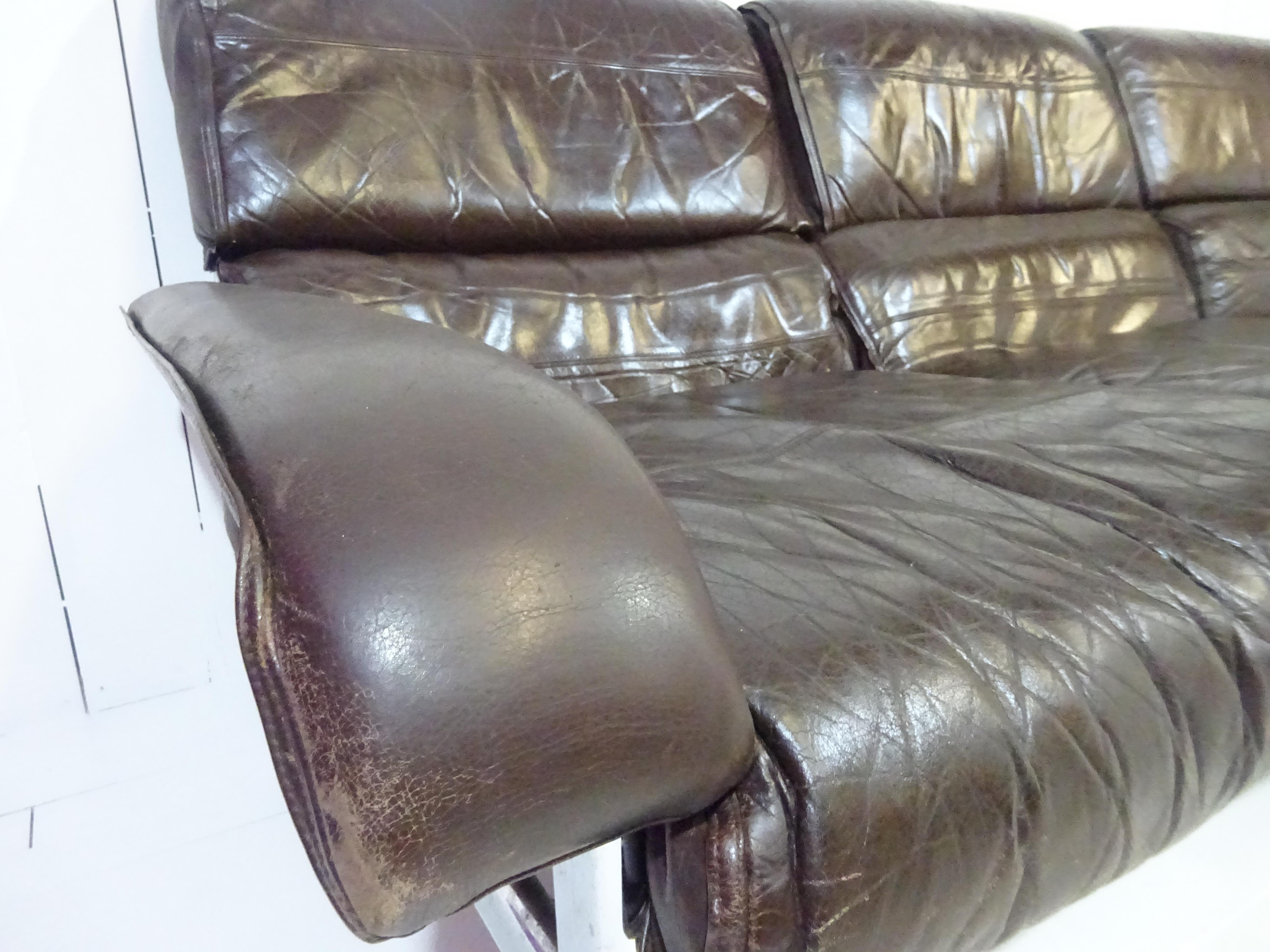 20th Century Mid Century Three Seater Sofa in Distressed Brown Leather by Pieff