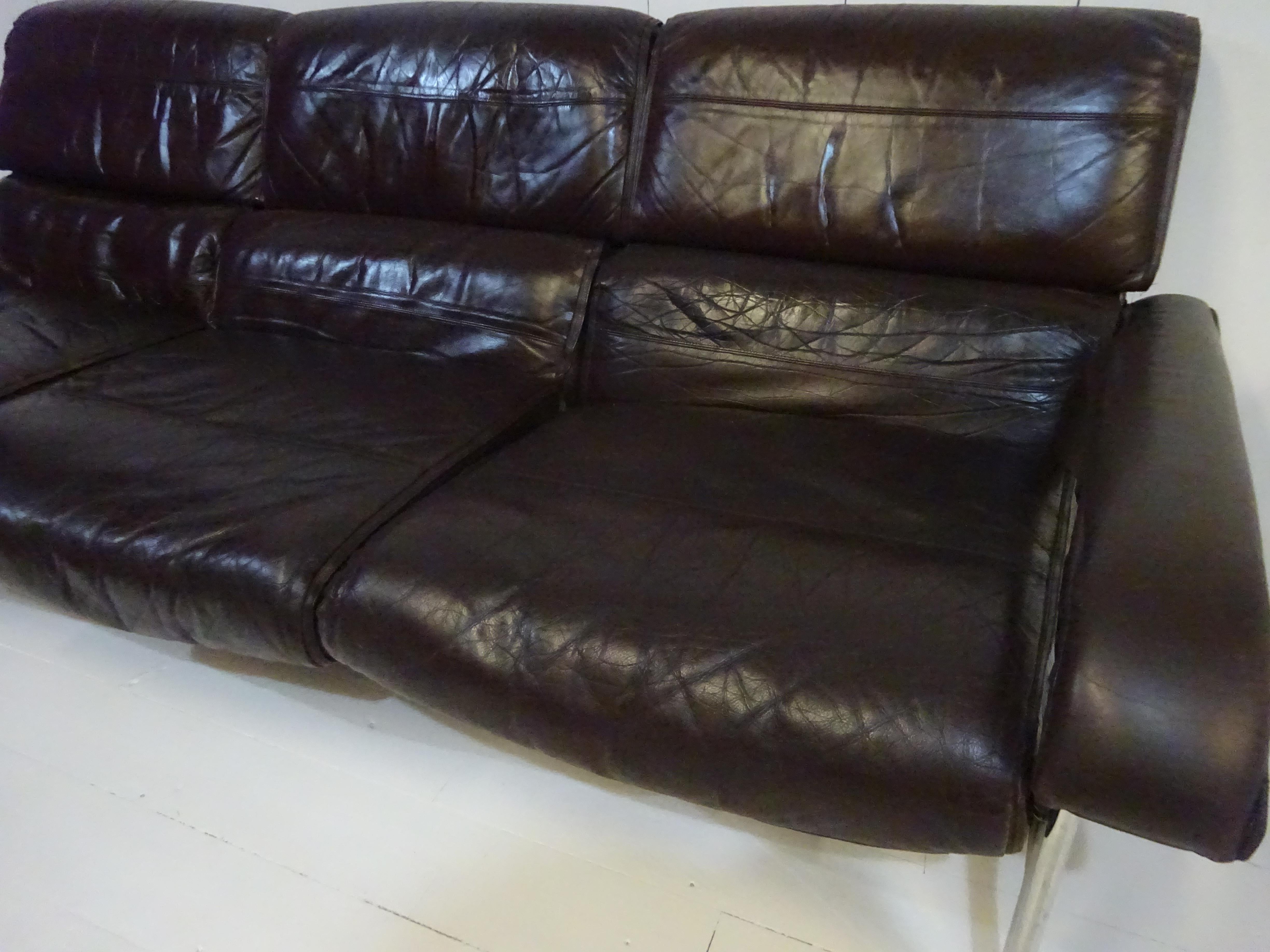 Steel Mid Century Three Seater Sofa in Distressed Brown Leather by Pieff