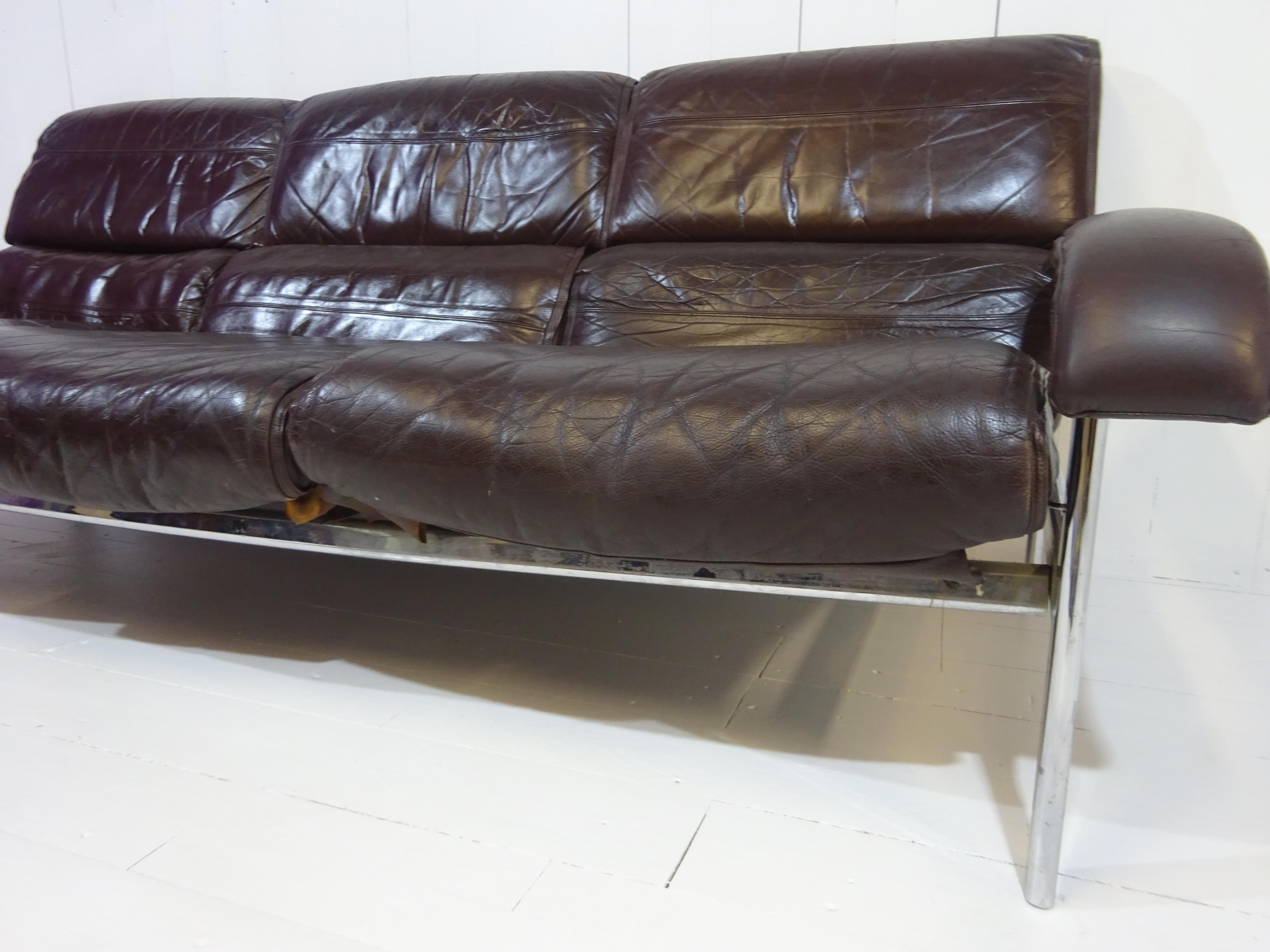 Mid Century Three Seater Sofa in Distressed Brown Leather by Pieff 1