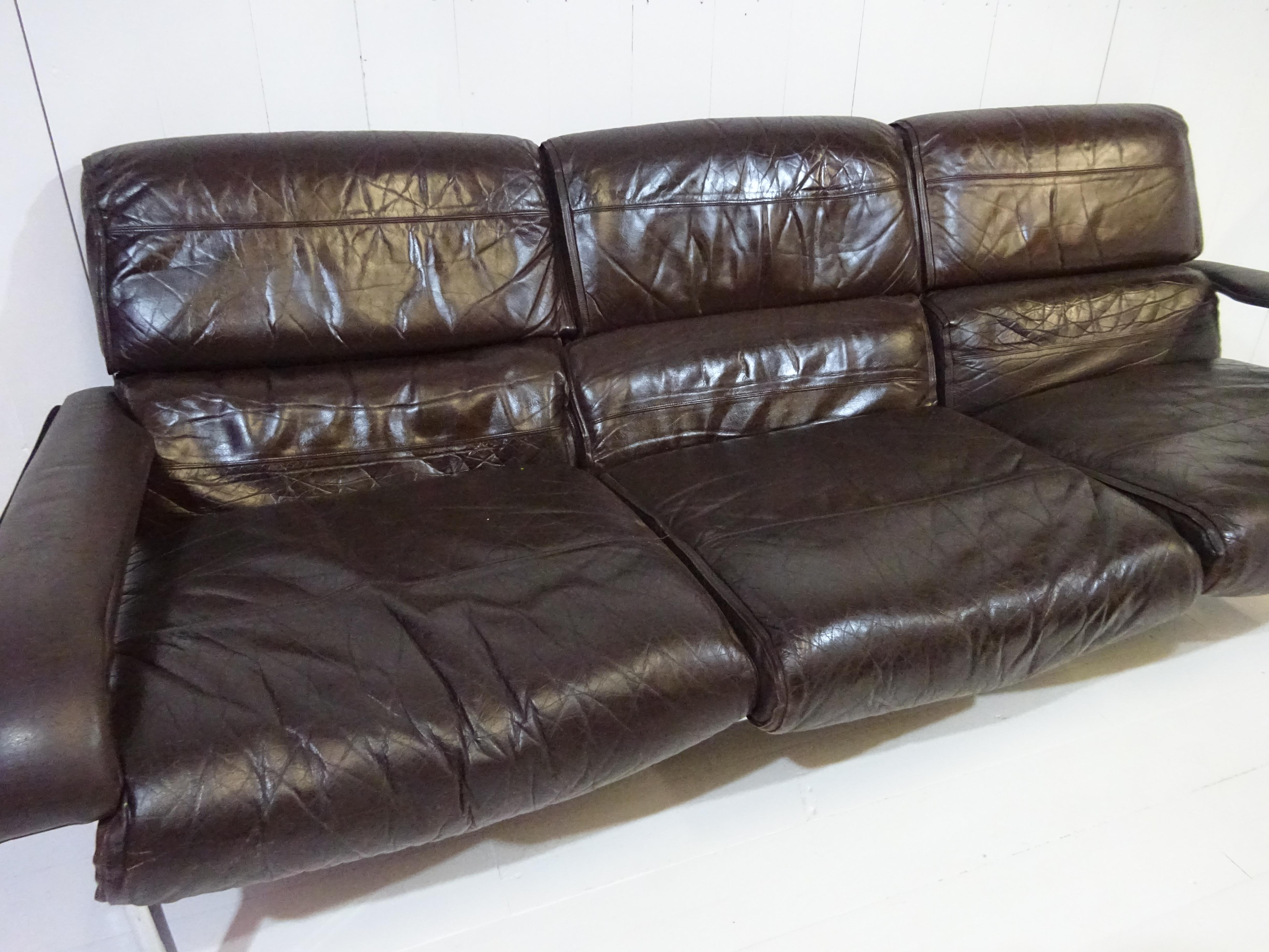 Mid Century Three Seater Sofa in Distressed Brown Leather by Pieff 3