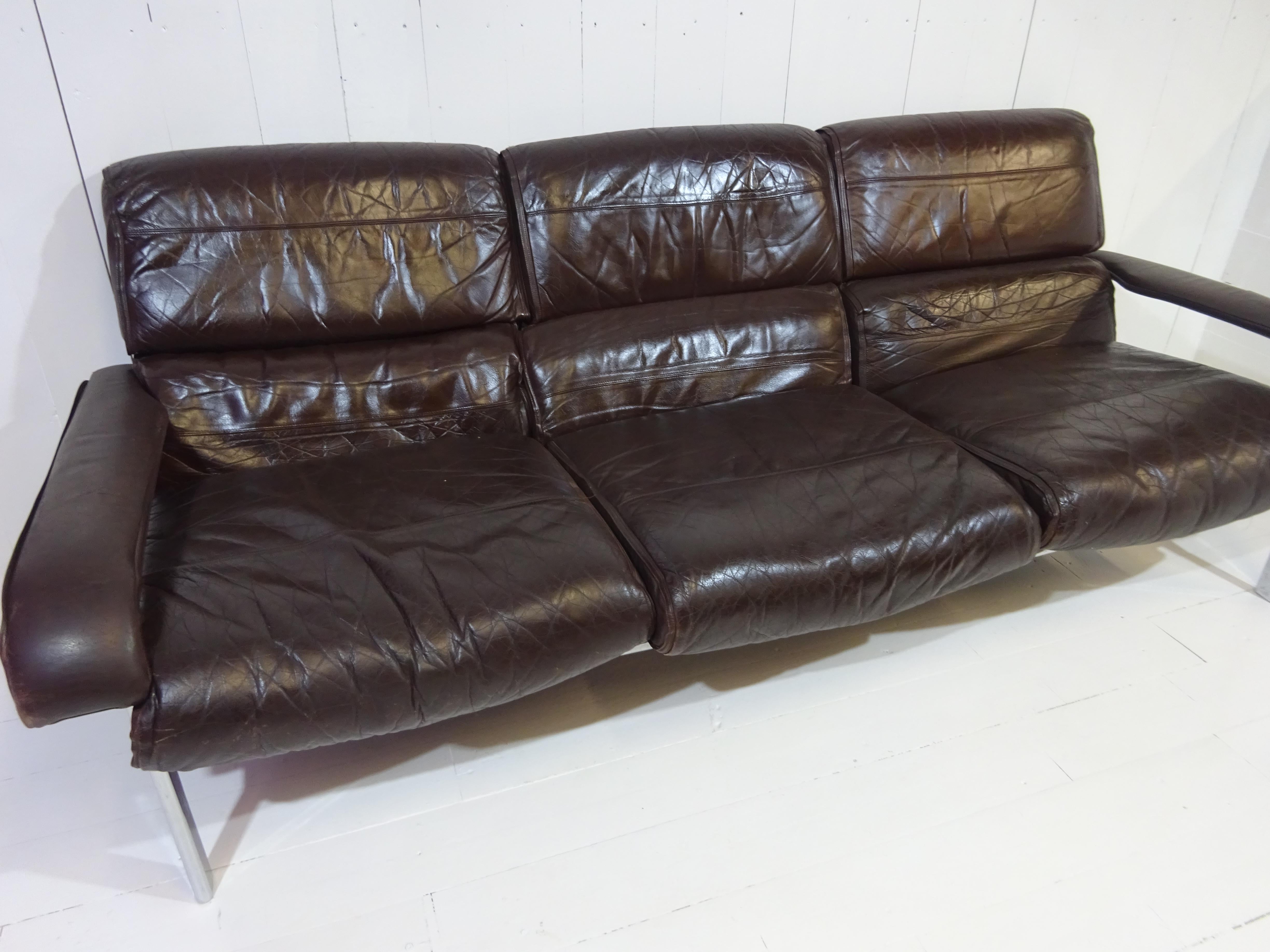 Mid Century Three Seater Sofa in Distressed Brown Leather by Pieff 4