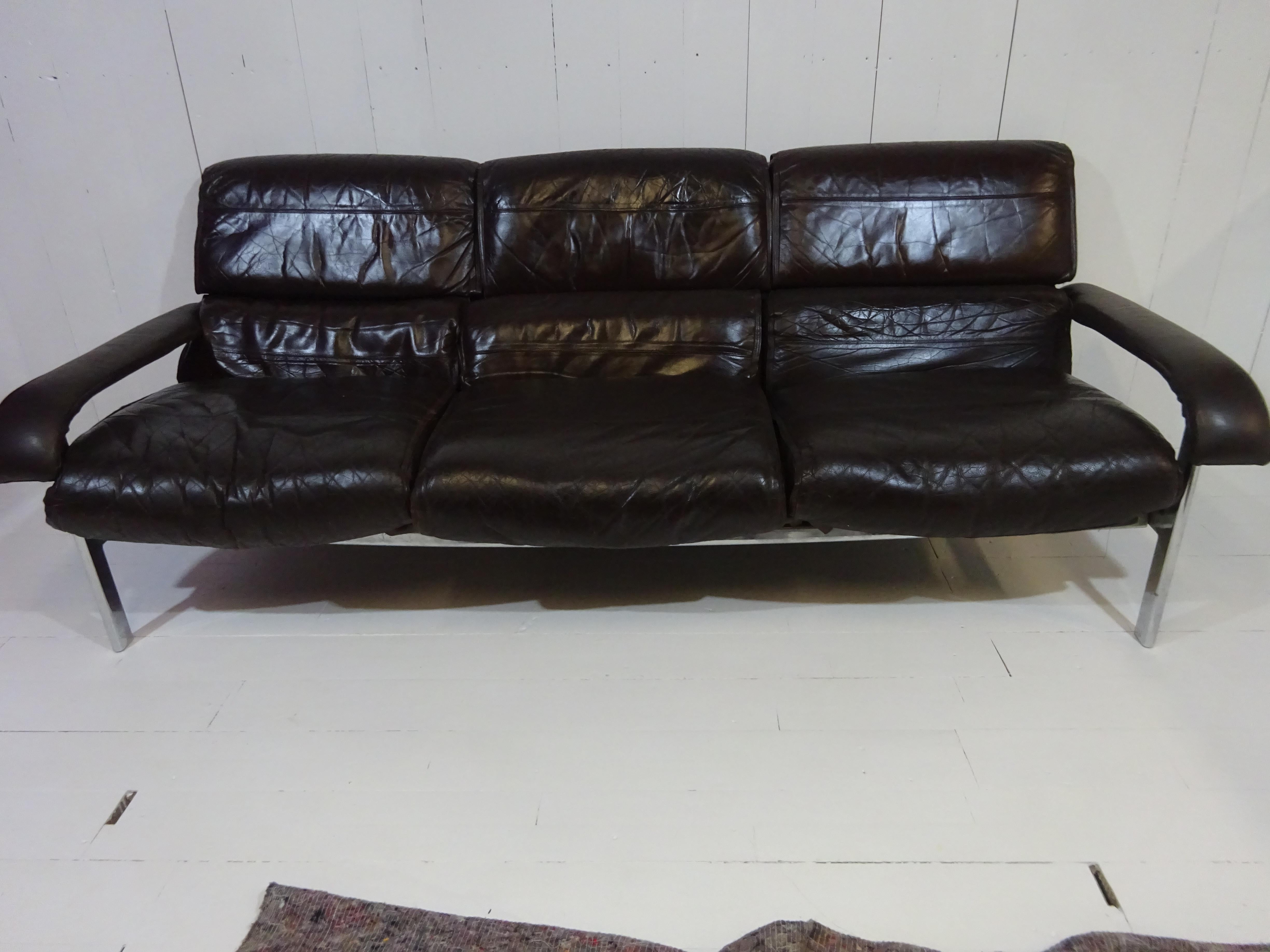Mid Century Three Seater Sofa in Distressed Brown Leather by Pieff 5