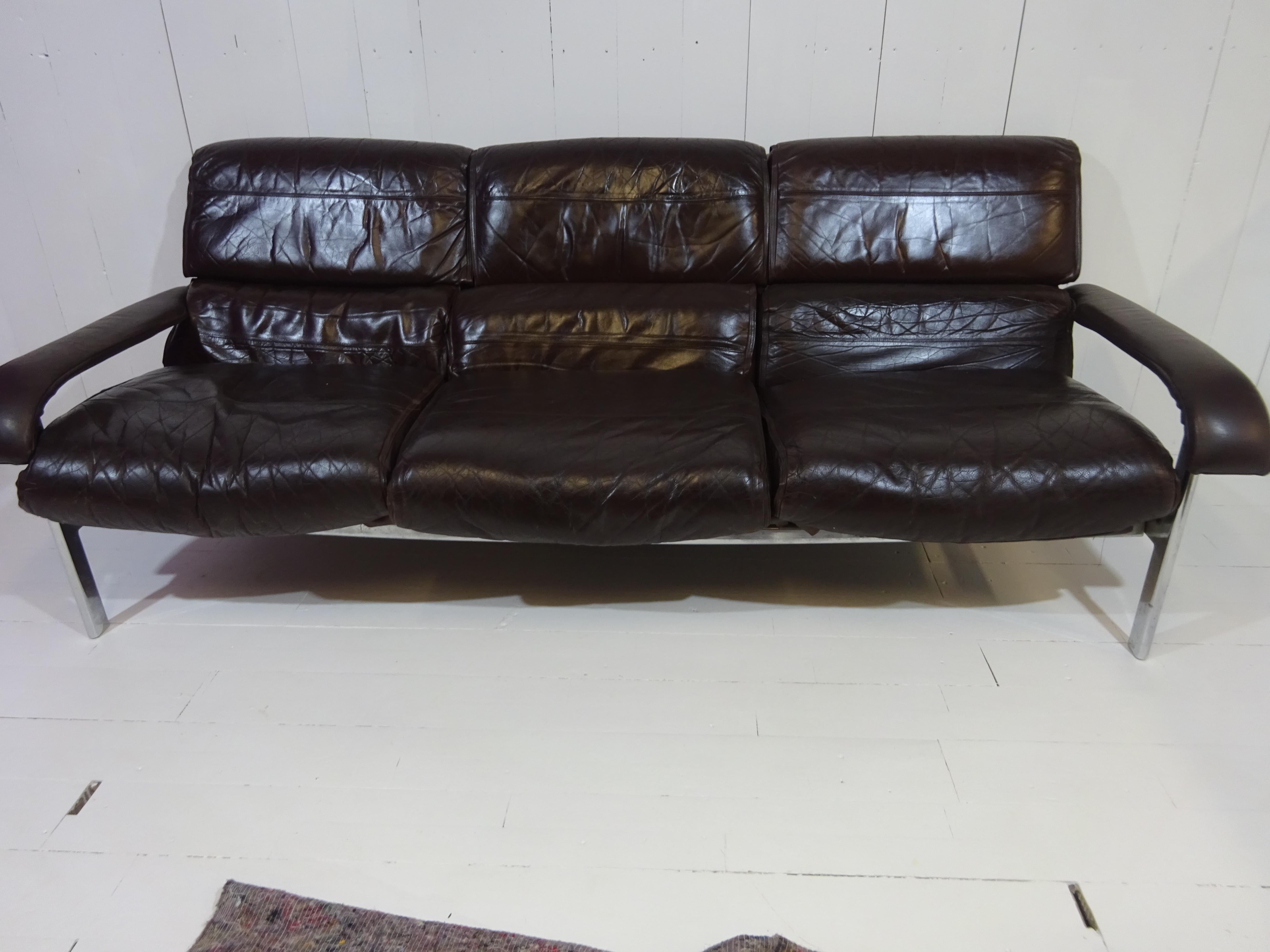 Mid Century Three Seater Sofa in Distressed Brown Leather by Pieff 6