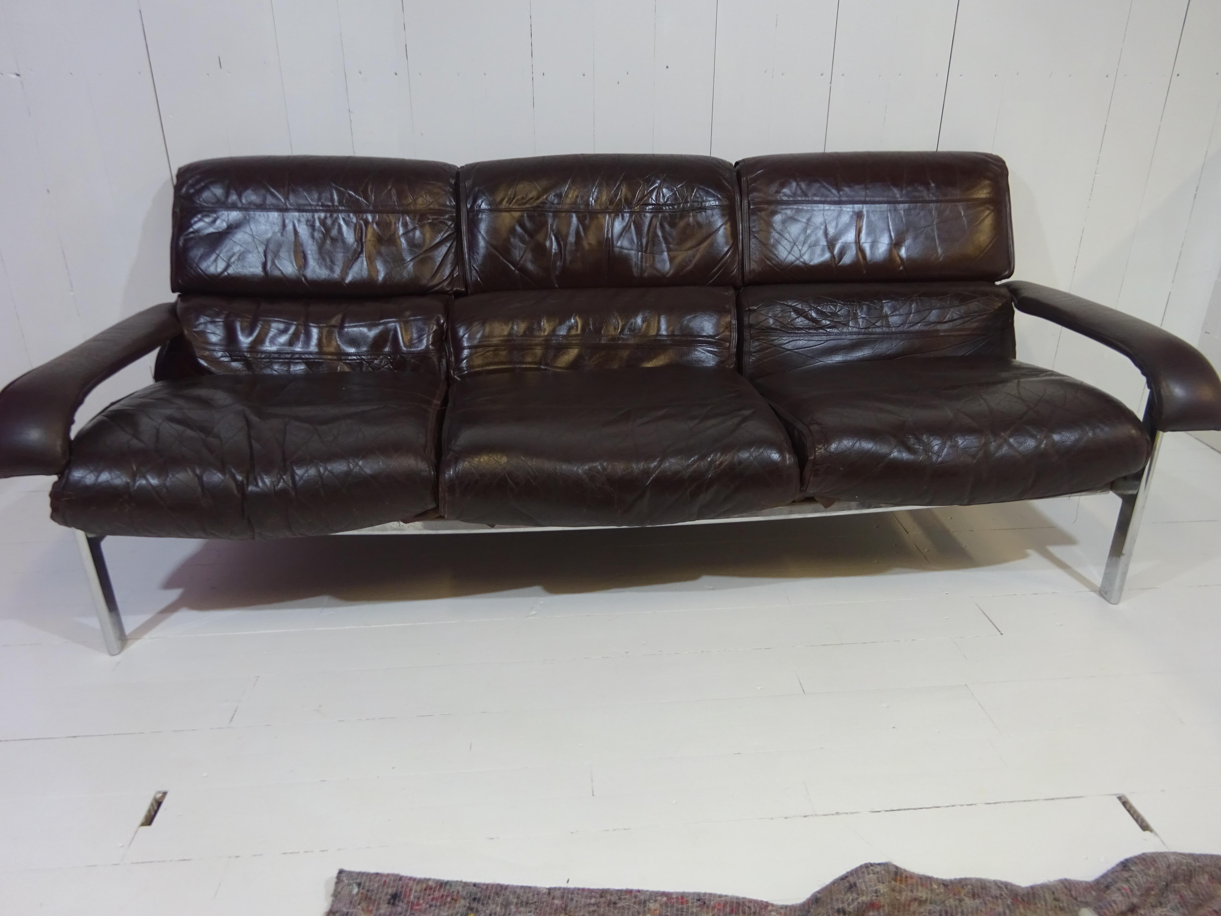 Mid Century Three Seater Sofa in Distressed Brown Leather by Pieff 7