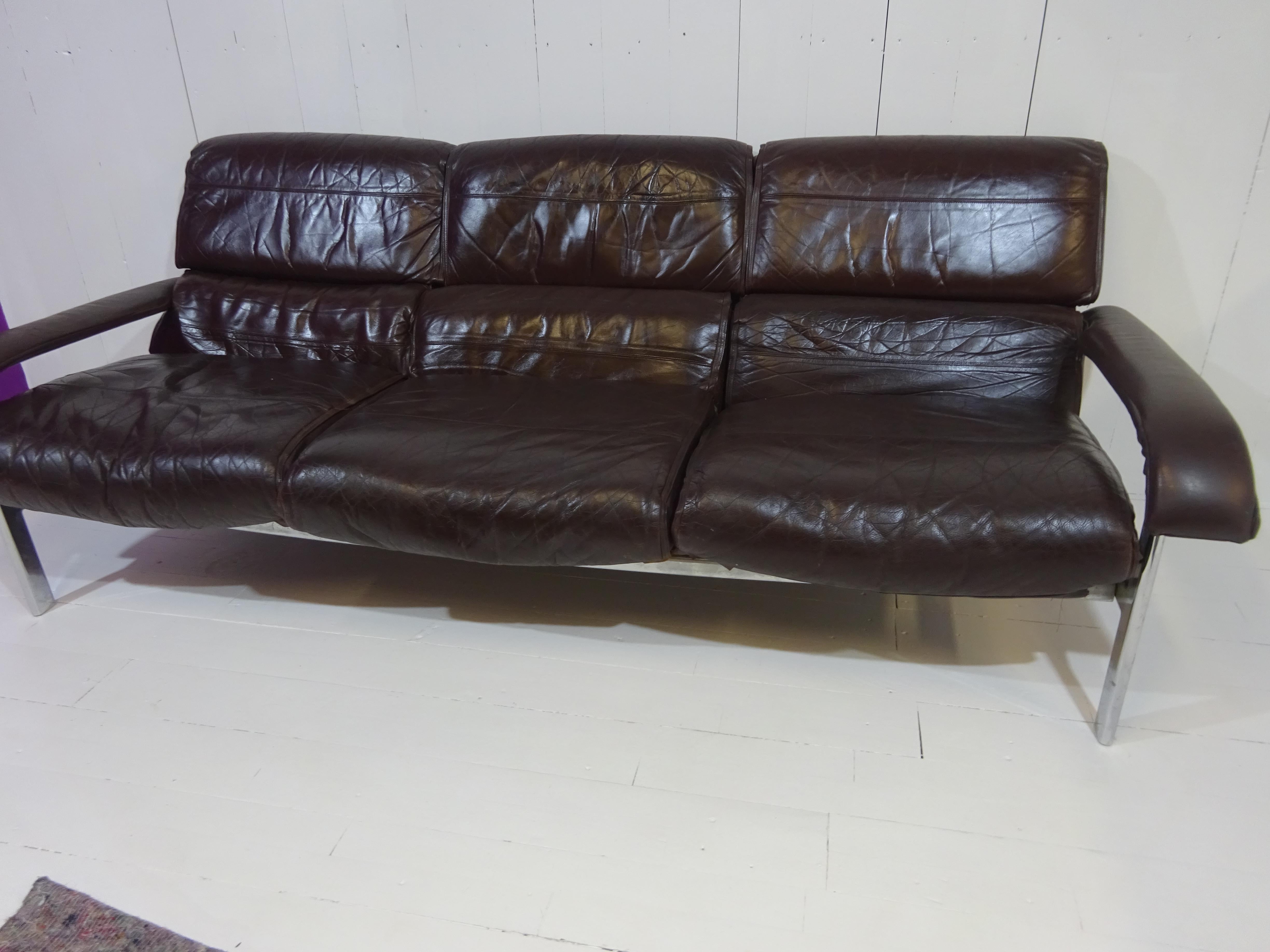 Mid Century Three Seater Sofa in Distressed Brown Leather by Pieff 8