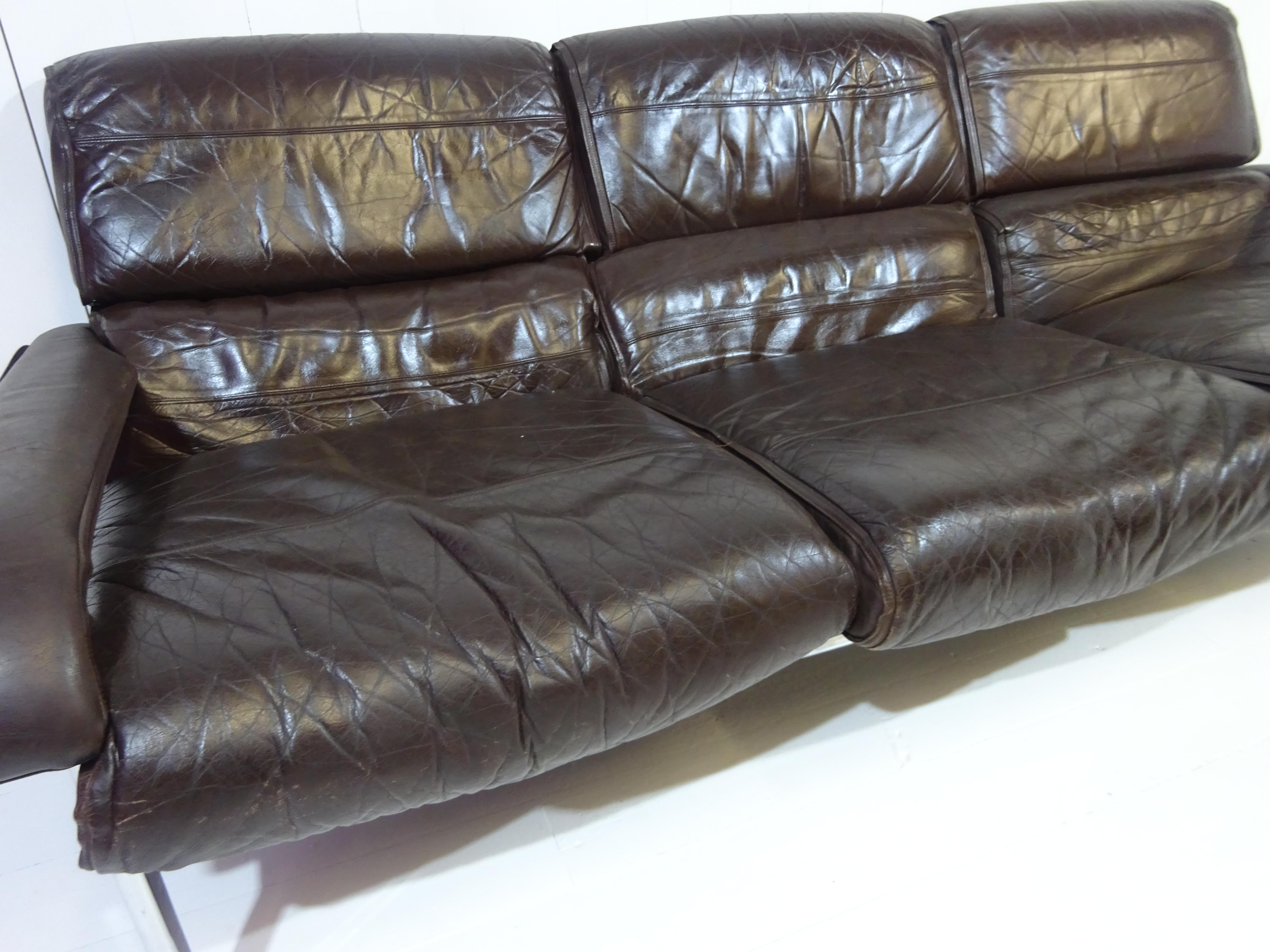 European Mid Century Three Seater Sofa in Distressed Brown Leather by Pieff