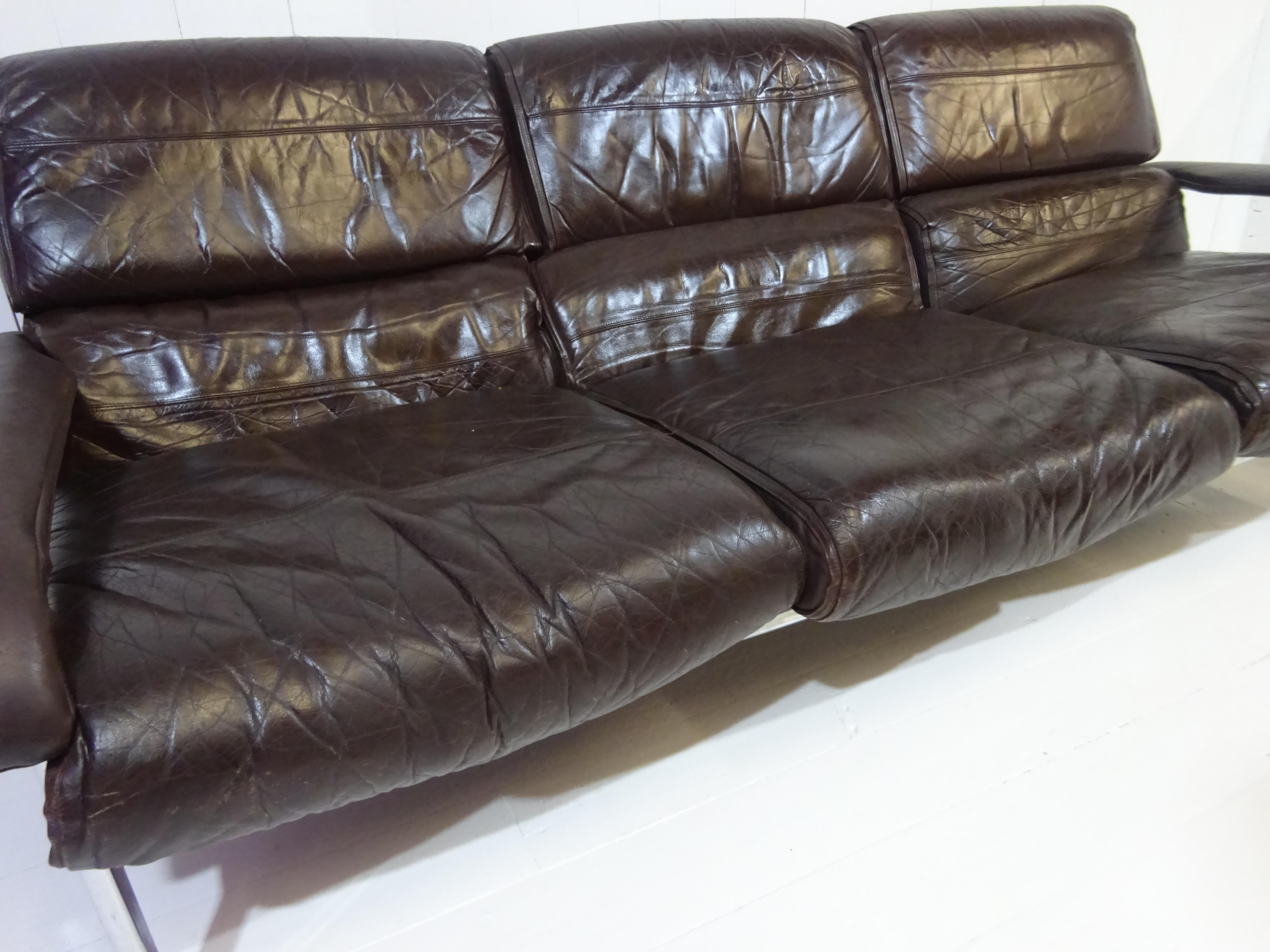 Metalwork Mid Century Three Seater Sofa in Distressed Brown Leather by Pieff