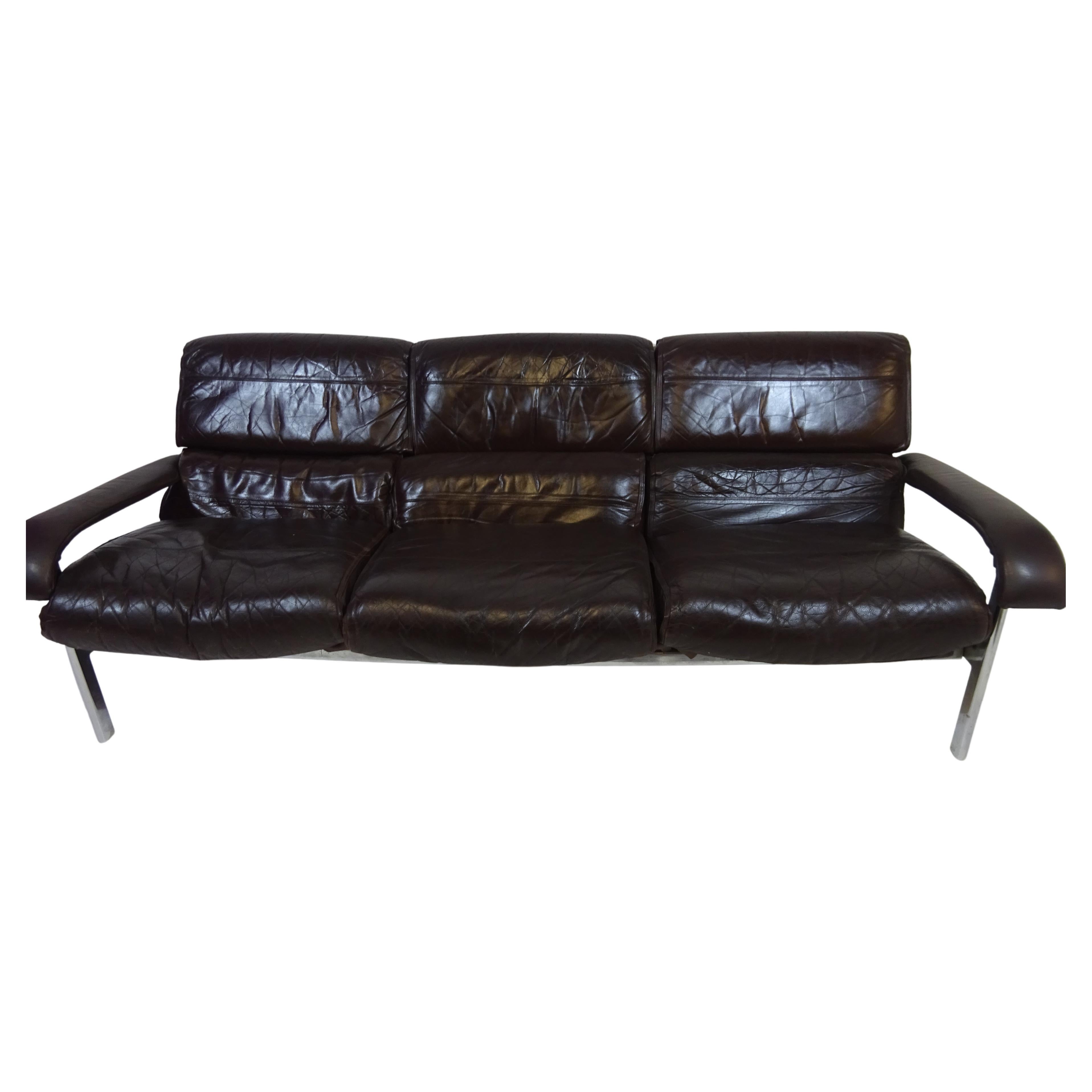 Mid Century Three Seater Sofa in Distressed Brown Leather by Pieff