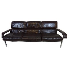 Mid Century Dreisitzer-Sofa aus braunem Leder von Pieff
