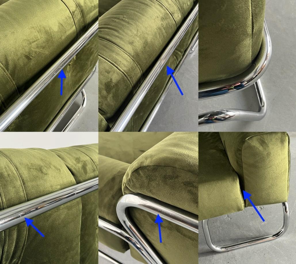 Sofá de tres plazas de mediados de siglo en terciopelo verde y acero tubular cromado, años 70 4