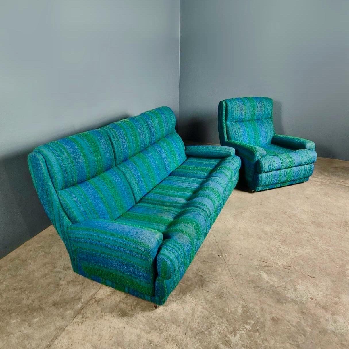 New Stock ✅

Mid Century Three Seater Sofa and Matching Armchair Blue and Green Vintage Retro MCM

Three seater sofa and matching armchair in a beautiful blue and green original wool fabric. The upholstery has been professionally cleaned and has no
