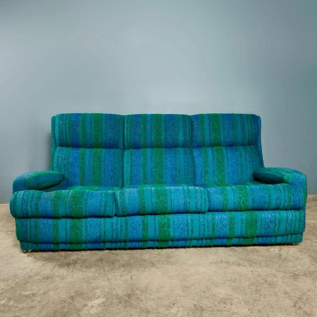 Mid-Century Modern Mid Century Three Seater Sofa & Matching Armchair Blue & Green Vintage Retro MCM