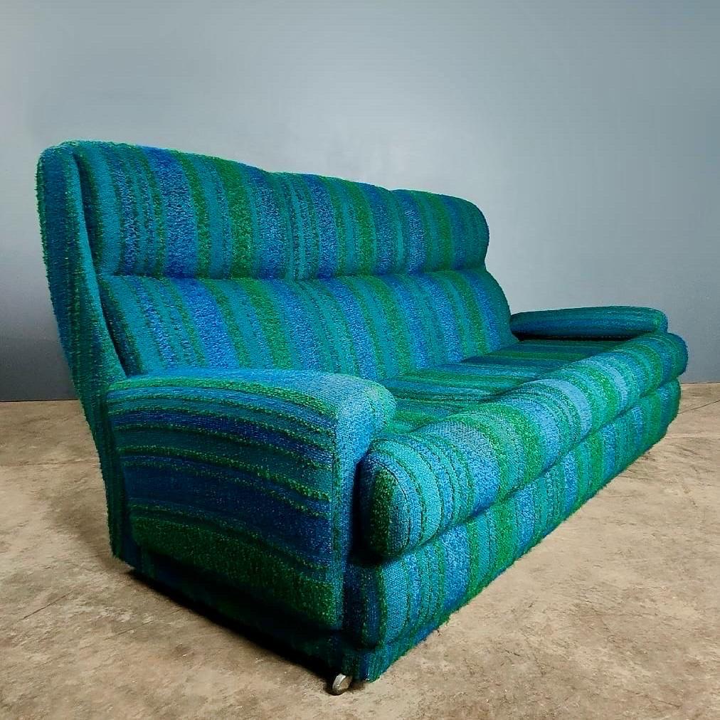 Unknown Mid Century Three Seater Sofa & Matching Armchair Blue & Green Vintage Retro MCM