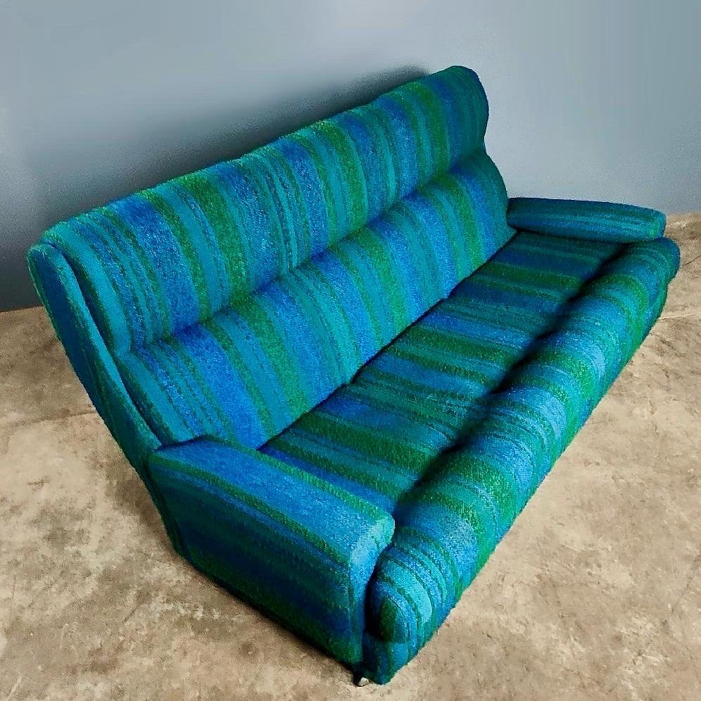 Mid Century Three Seater Sofa & Matching Armchair Blue & Green Vintage Retro MCM In Excellent Condition In Cambridge, GB