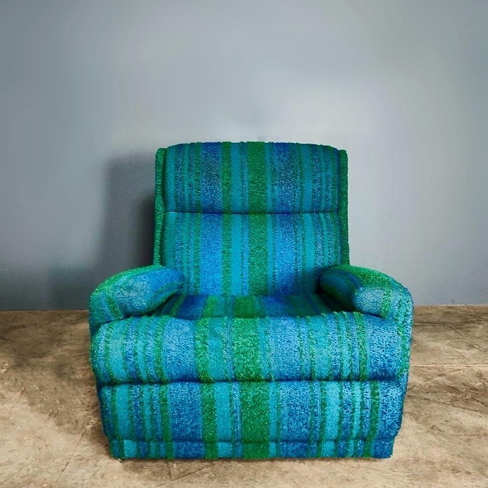 Late 20th Century Mid Century Three Seater Sofa & Matching Armchair Blue & Green Vintage Retro MCM