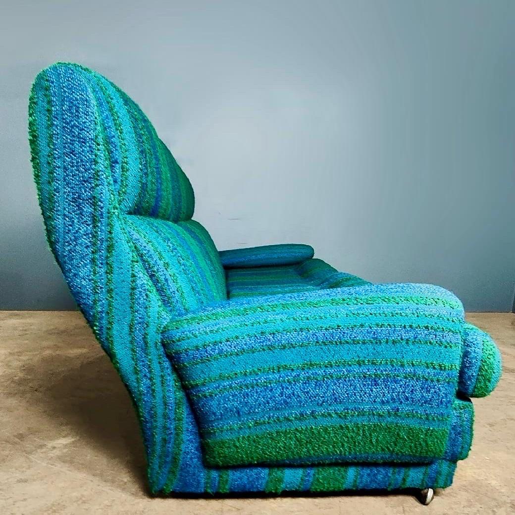 Wool Mid Century Three Seater Sofa & Matching Armchair Blue & Green Vintage Retro MCM
