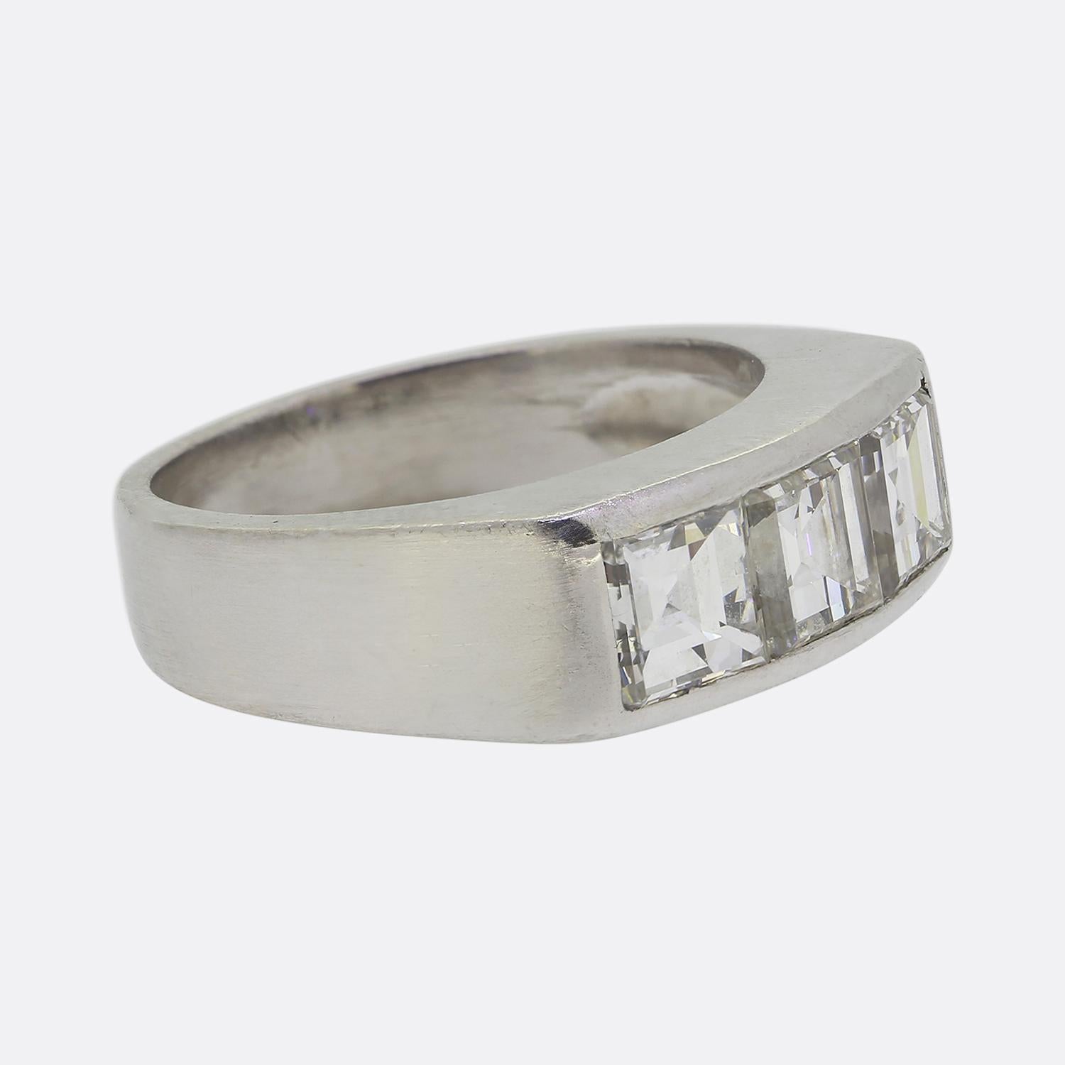 Square Cut Mid Century Three-Stone Carré Cut Diamond Ring For Sale