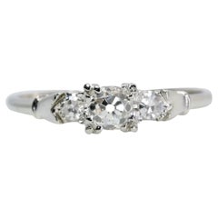 Mid Century Three Stone Old Mine Cut Diamond Engagement Ring in White Gold