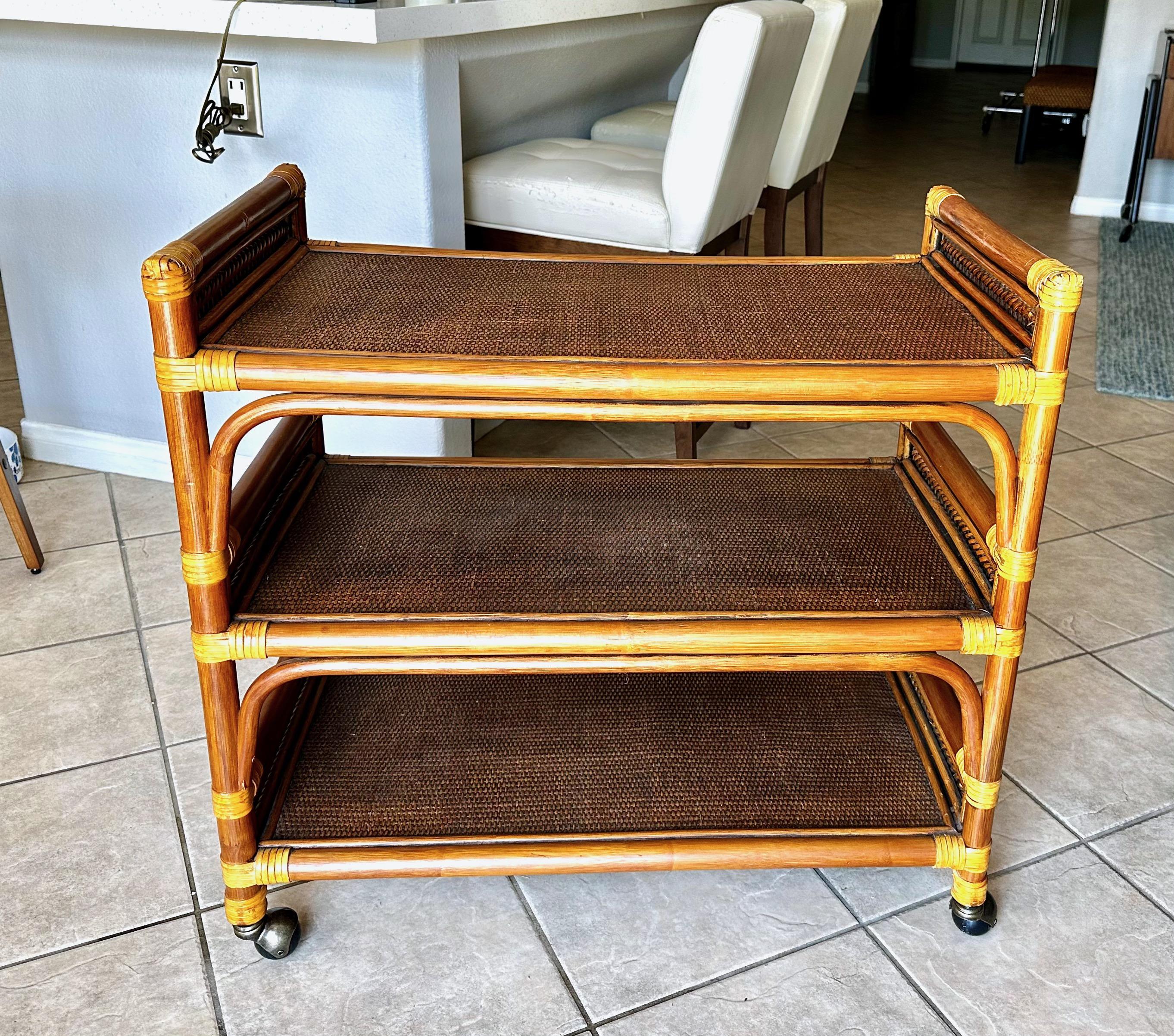 Mid-Century Three-Tier Bamboo & Caning Bar Cart For Sale 4