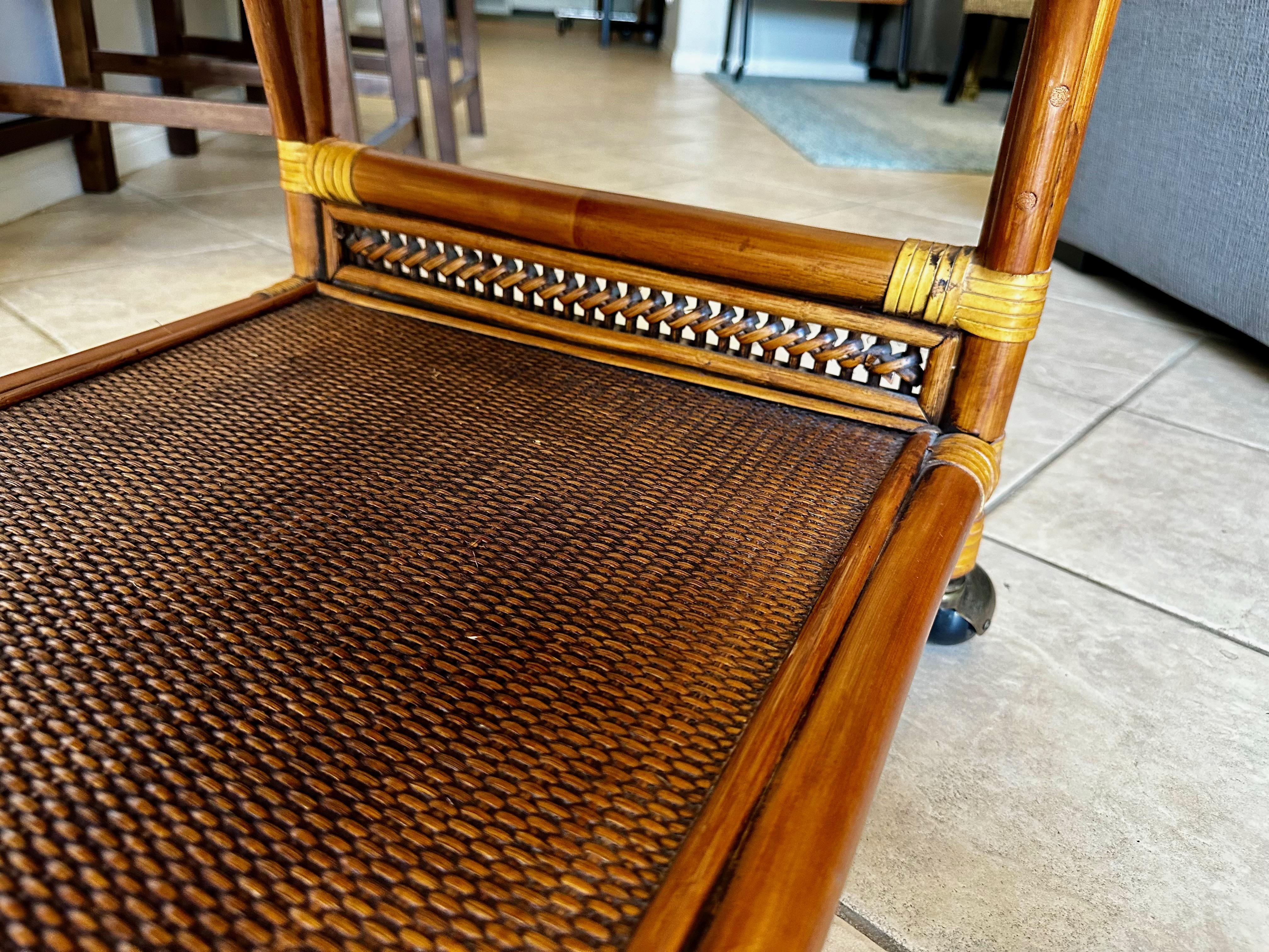 Mid-Century Three-Tier Bamboo & Caning Bar Cart For Sale 8