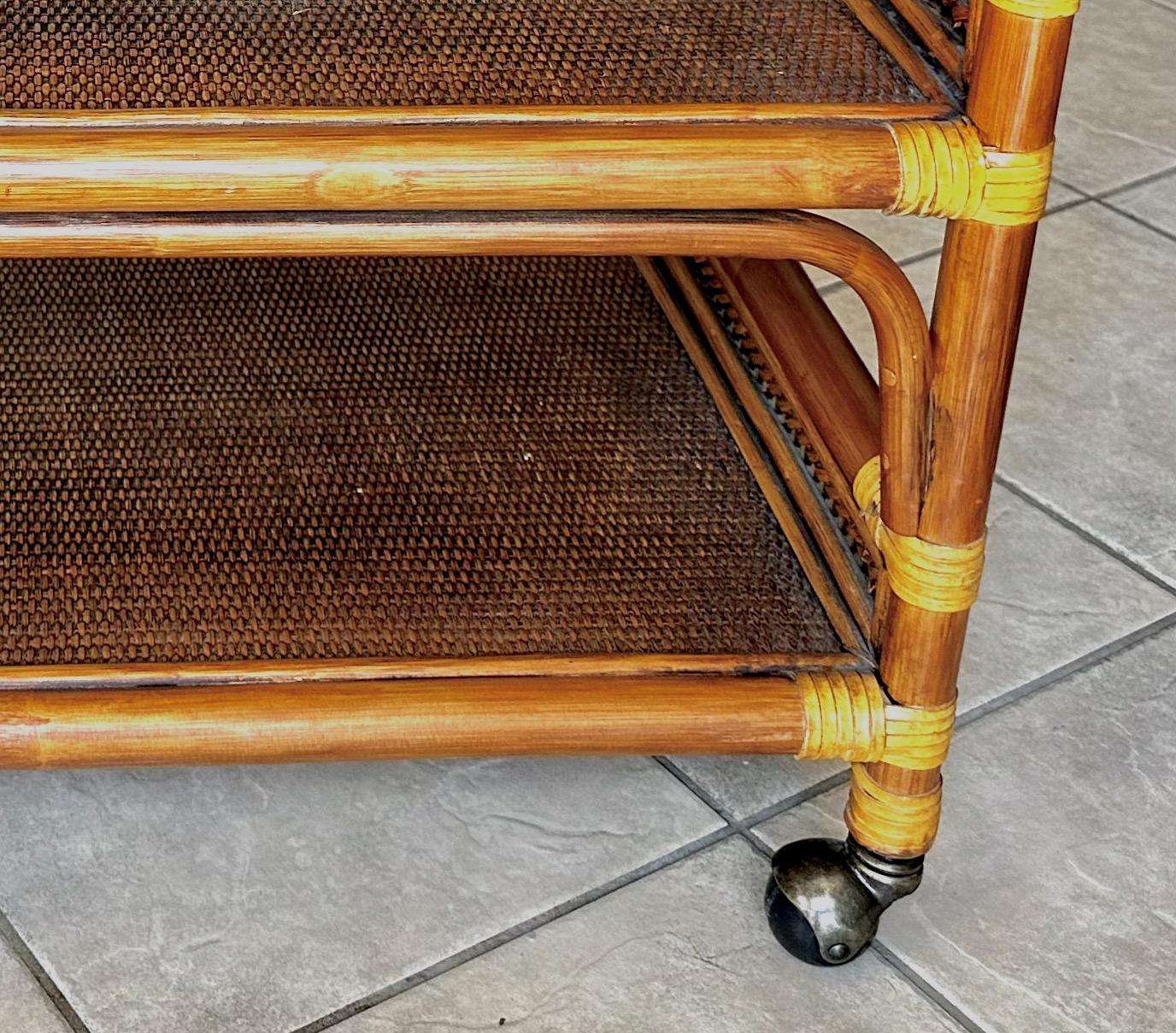 Mid-Century Three-Tier Bamboo & Caning Bar Cart For Sale 9