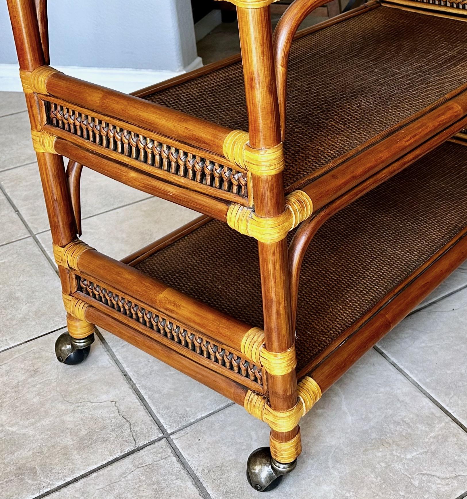 Mid-Century Three-Tier Bamboo & Caning Bar Cart For Sale 10