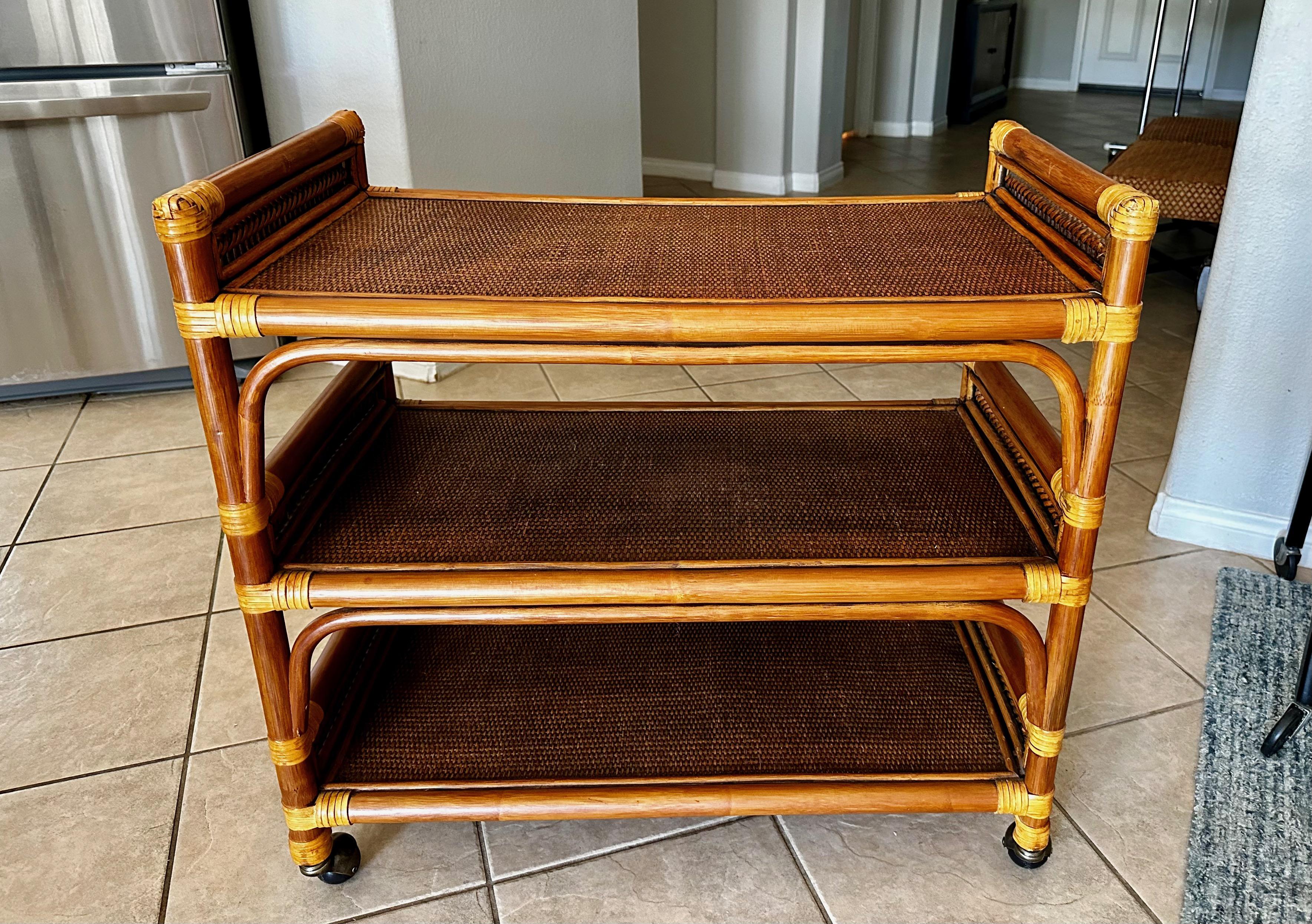 Mid-Century Three-Tier Bamboo & Caning Bar Cart For Sale 11