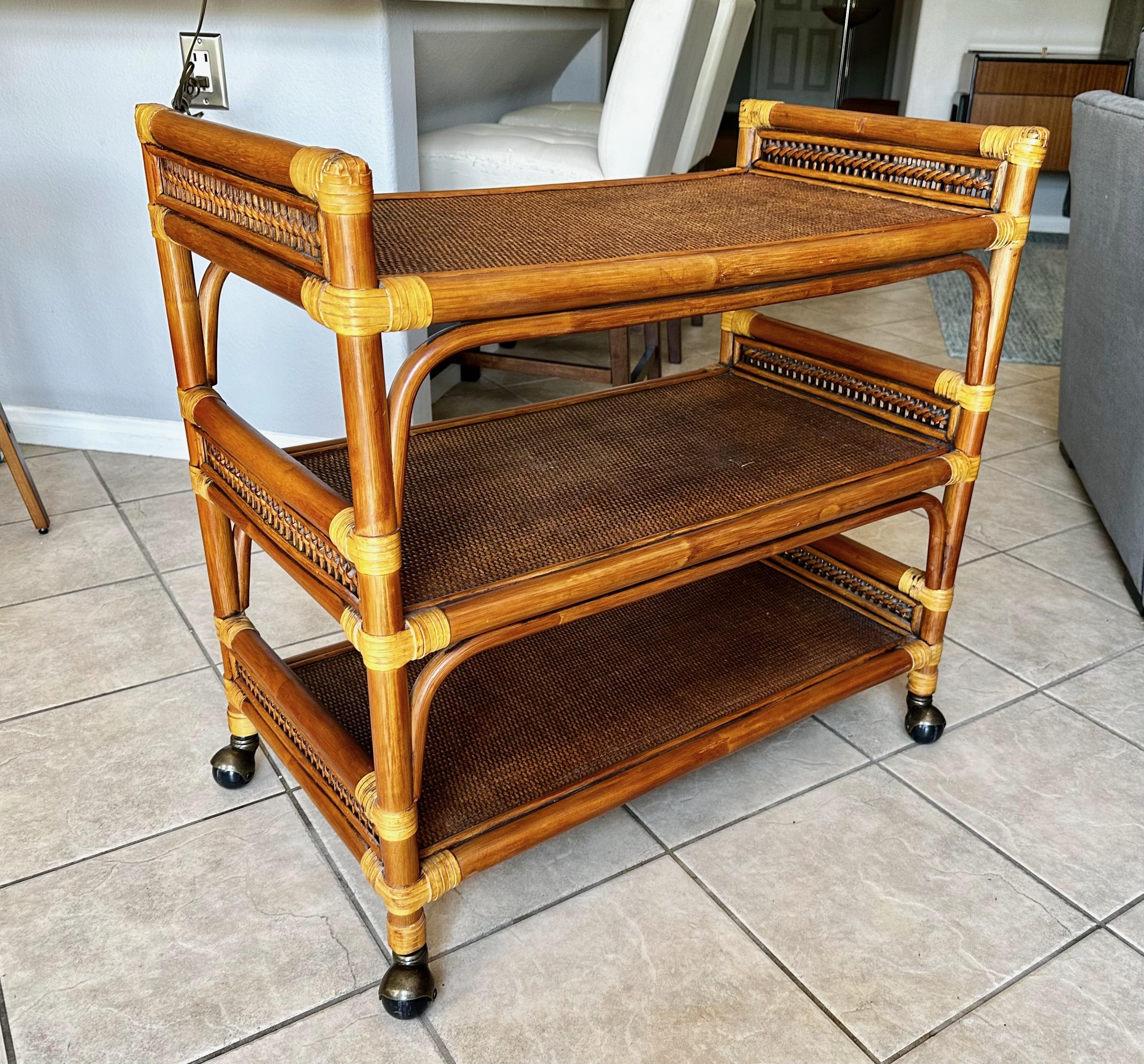 American Mid-Century Three-Tier Bamboo & Caning Bar Cart For Sale