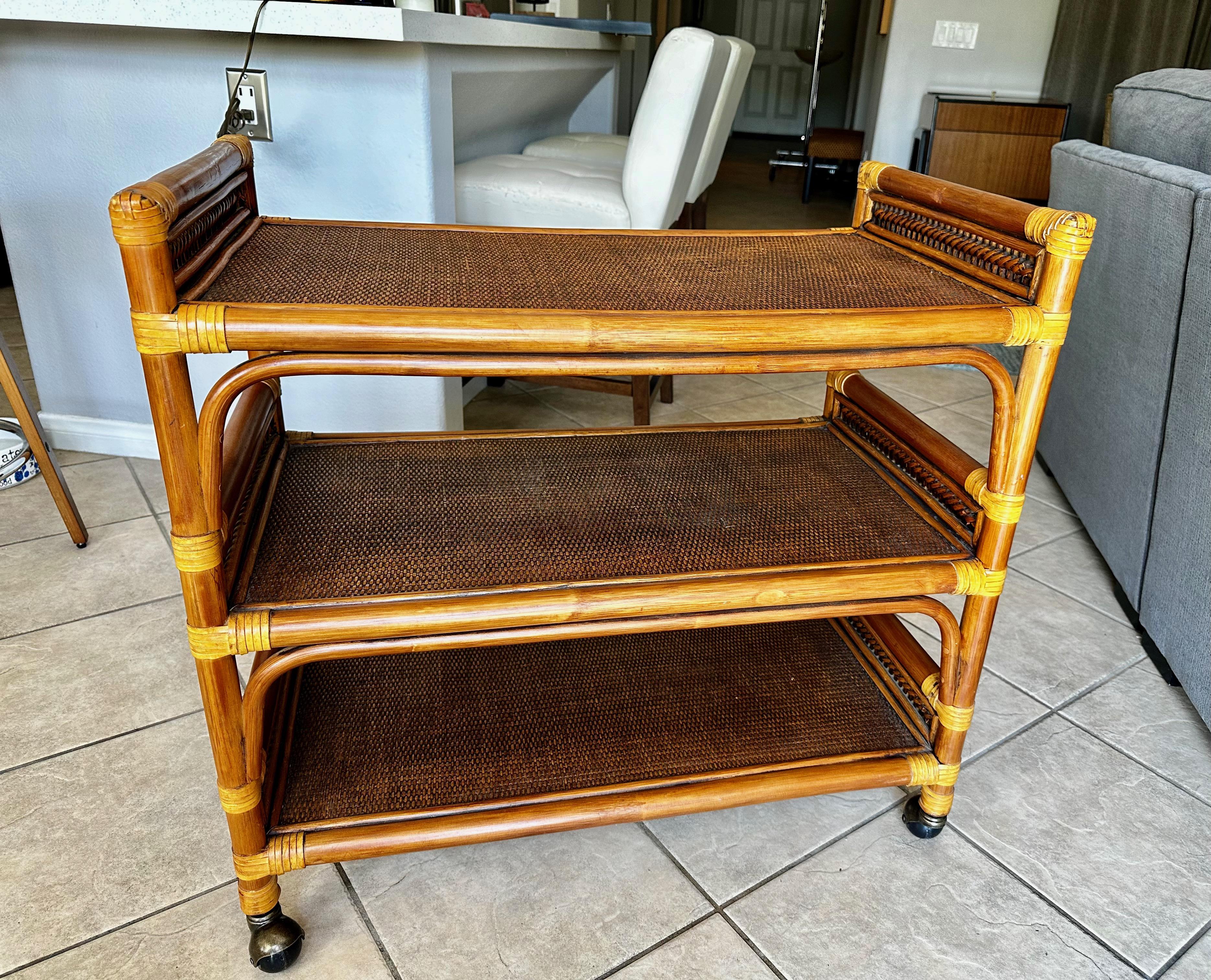 Mid-Century Three-Tier Bamboo & Caning Bar Cart In Good Condition For Sale In Palm Springs, CA