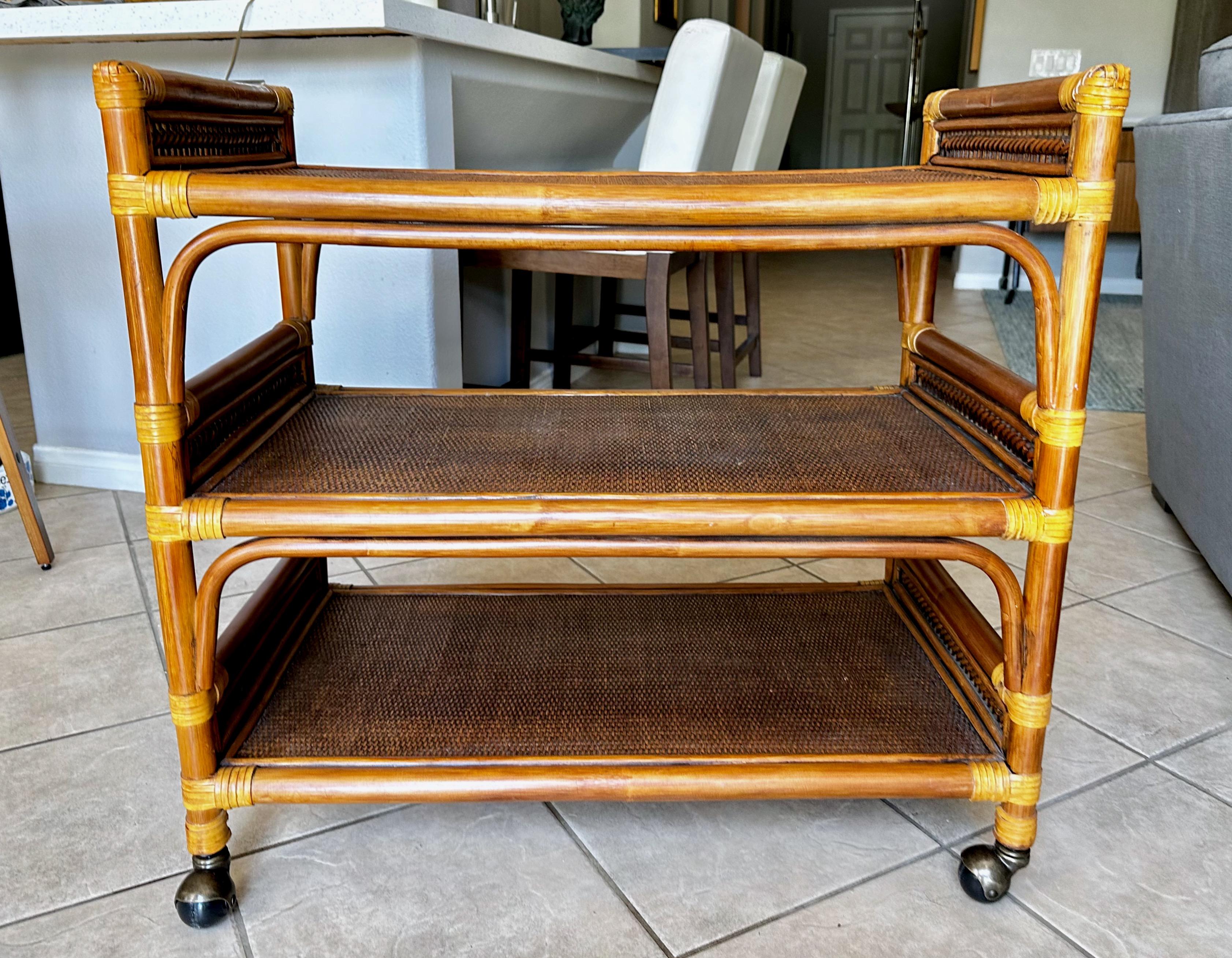 Mid-20th Century Mid-Century Three-Tier Bamboo & Caning Bar Cart For Sale
