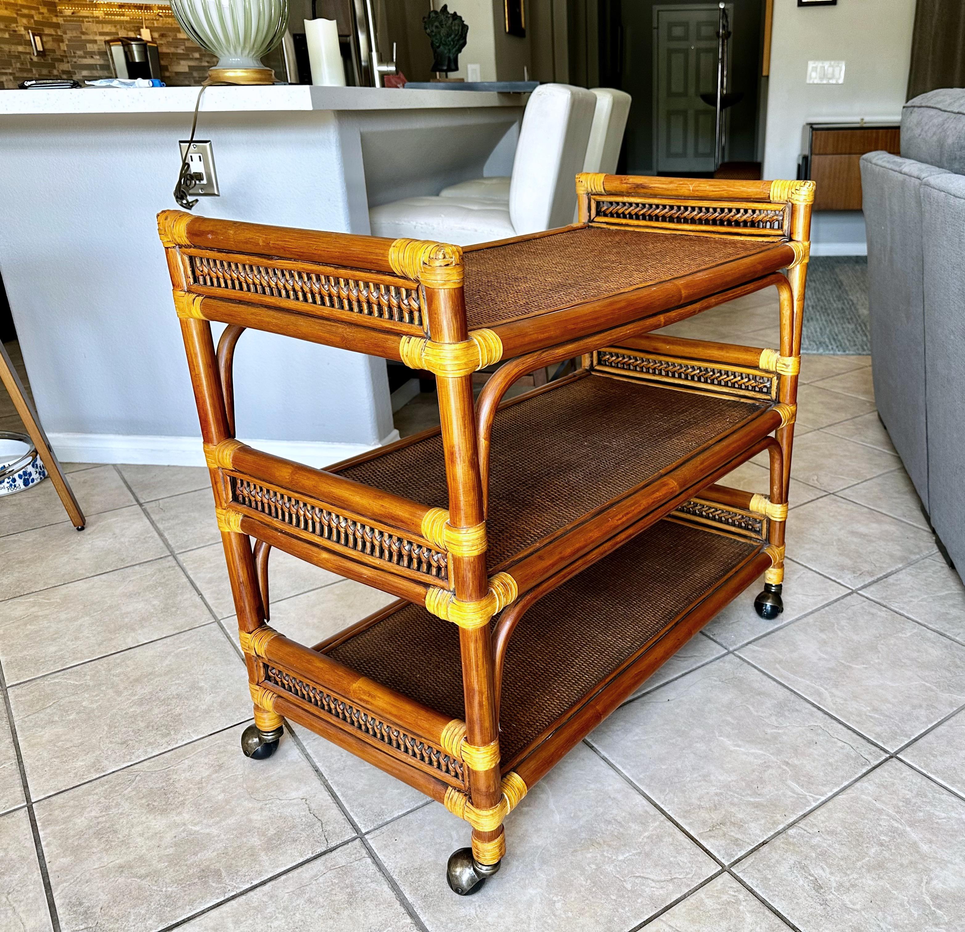 Mid-Century Three-Tier Bamboo & Caning Bar Cart For Sale 1