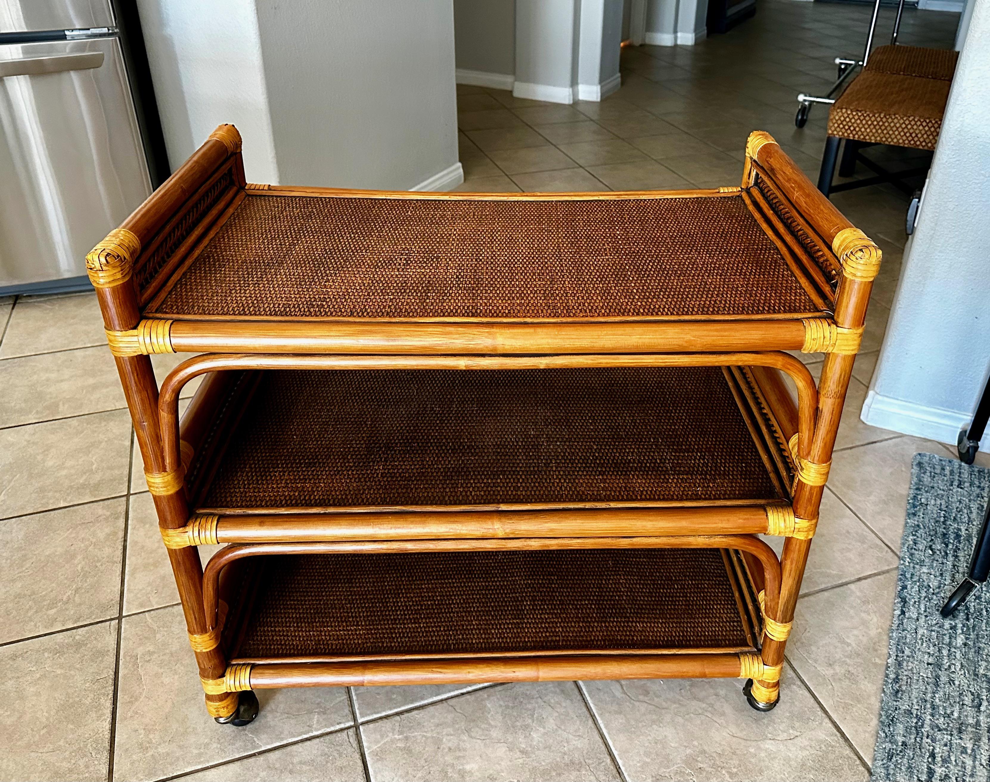 Mid-Century Three-Tier Bamboo & Caning Bar Cart For Sale 2