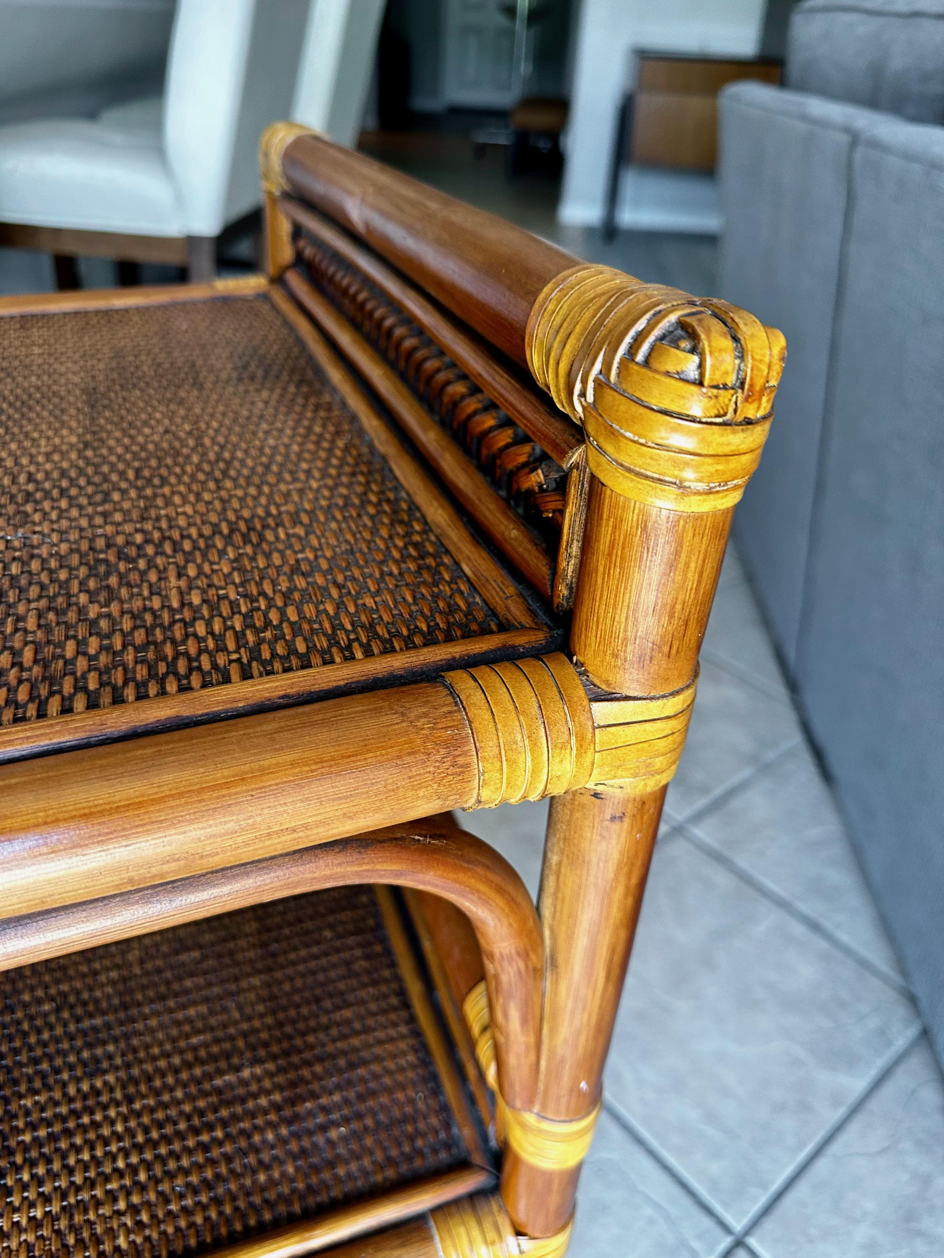 Mid-Century Three-Tier Bamboo & Caning Bar Cart For Sale 3