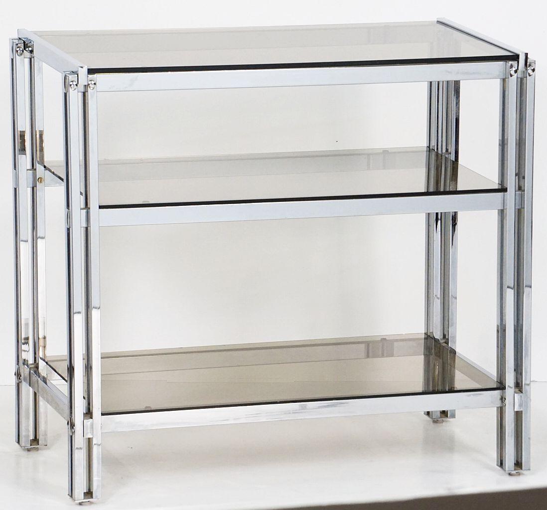 Mid-Century Three-Tier Console Table of Chrome and Smoked Glass from France For Sale 9