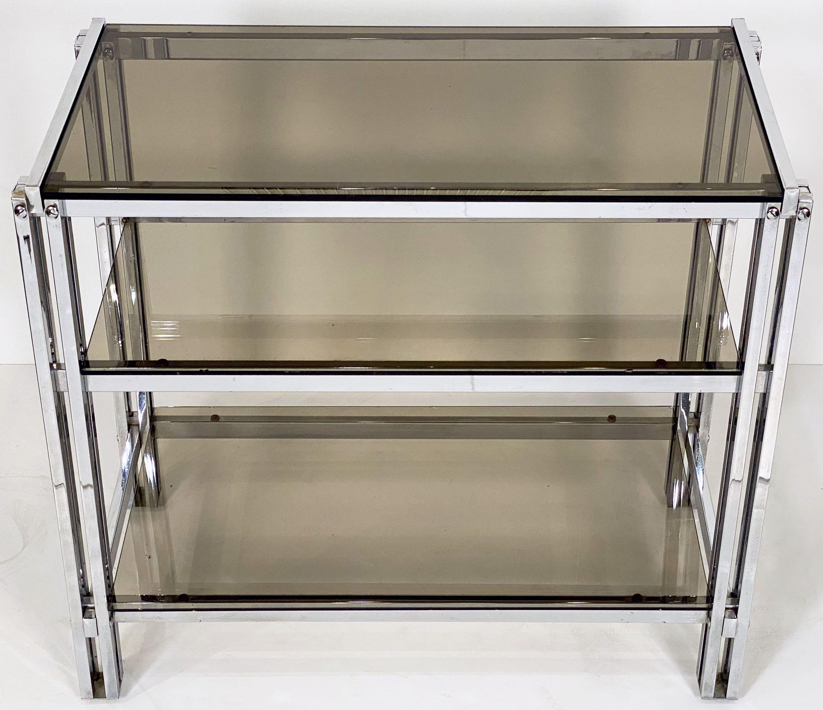 Mid-Century Three-Tier Console Table of Chrome and Smoked Glass from France For Sale 11