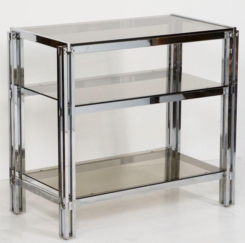 Mid-Century Three-Tier Console Table of Chrome and Smoked Glass from France For Sale 12