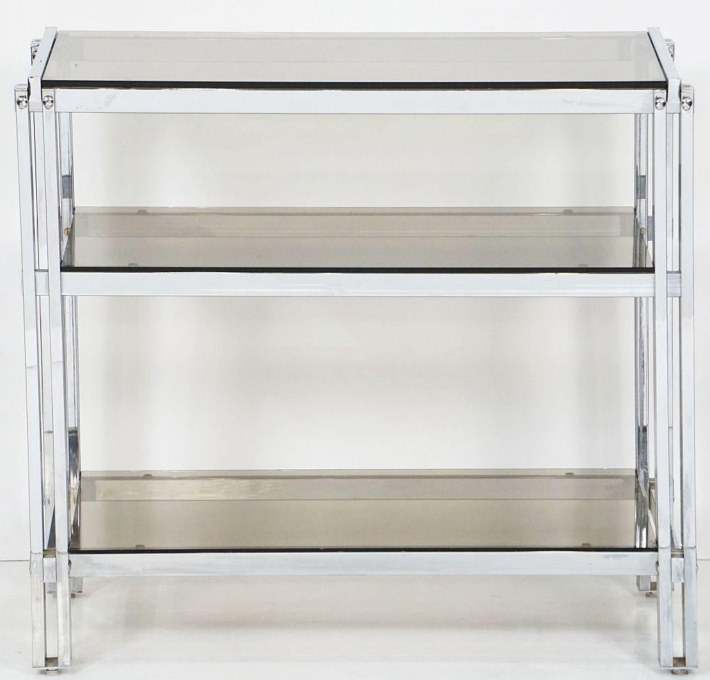 Mid-Century Modern Mid-Century Three-Tier Console Table of Chrome and Smoked Glass from France For Sale
