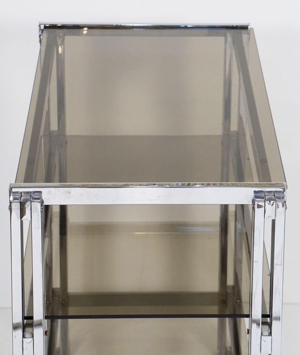 Mid-Century Three-Tier Console Table of Chrome and Smoked Glass from France For Sale 2