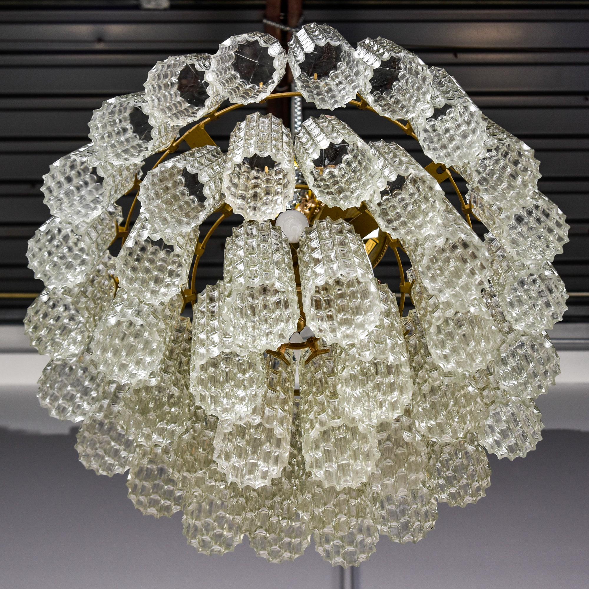 Metal Mid Century Three Tier Italian Glass Tronchi Style Chandelier Attr Toni Zuccheri For Sale