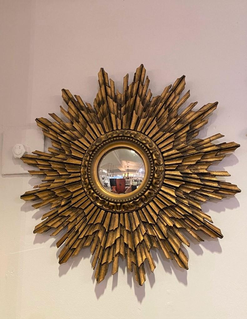 Mid Century Tiered and Gilt Sunburst Mirror from France In Good Condition For Sale In North Salem, NY