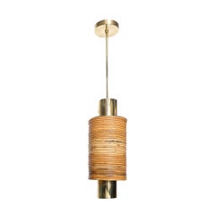 Mid-Century Tiered Cylindrical Pendants in Wrapped Rattan and Polished Brass