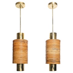 Mid-Century Tiered Cylindrical Pendants in Wrapped Rattan and Polished Brass