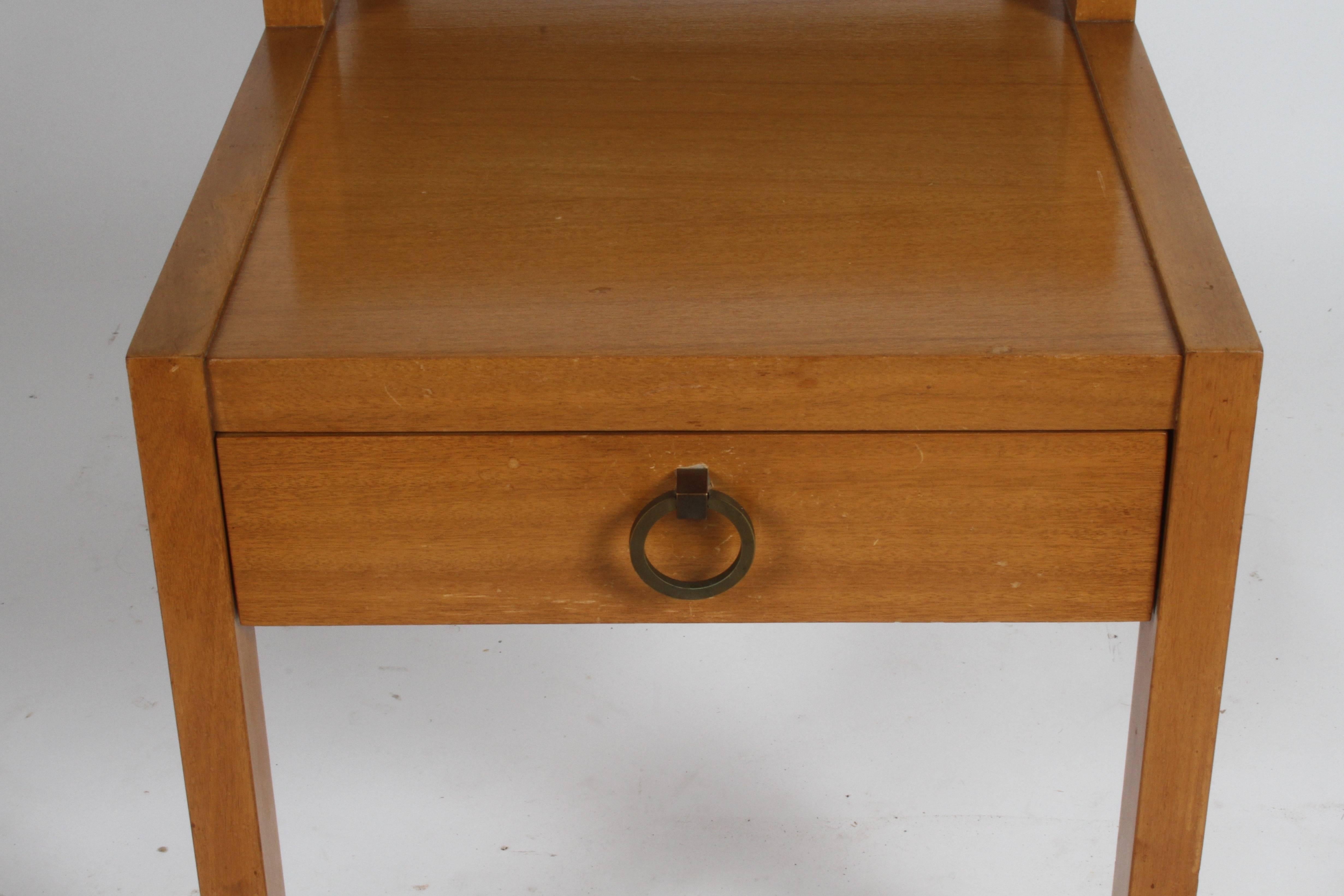 American Mid-Century Modern Blonde Two Tiered End Table with Drawer and Brass Ring Pull For Sale