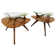 Mid-Century Tiered Glass and Walnut Side Tables