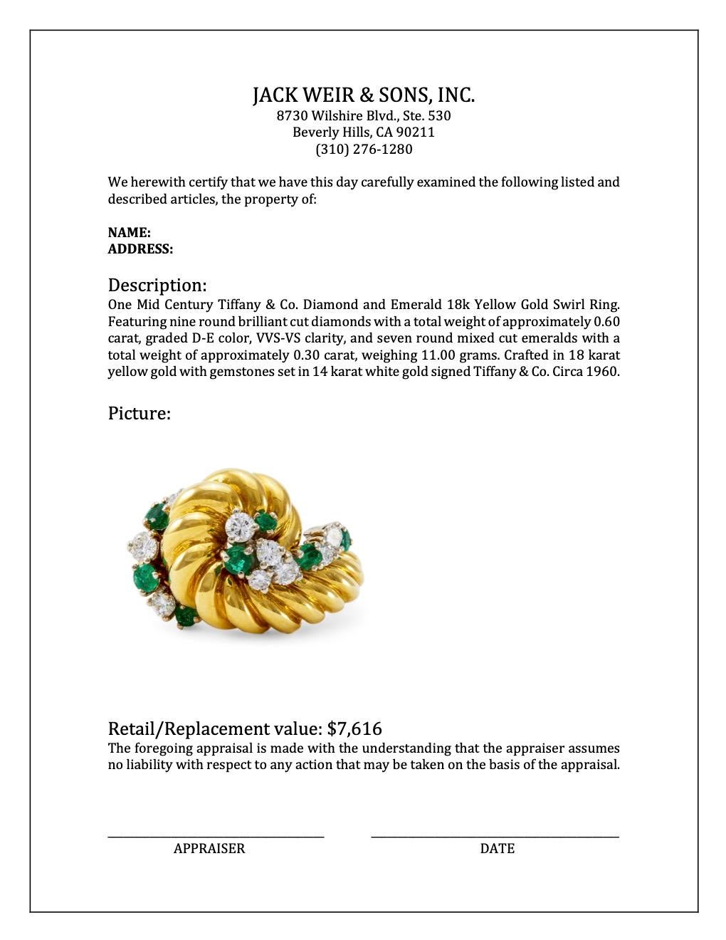 Mitte des Jahrhunderts Tiffany & Co. Wirbelring aus 18 Karat Gelbgold mit Diamanten und Smaragden 1