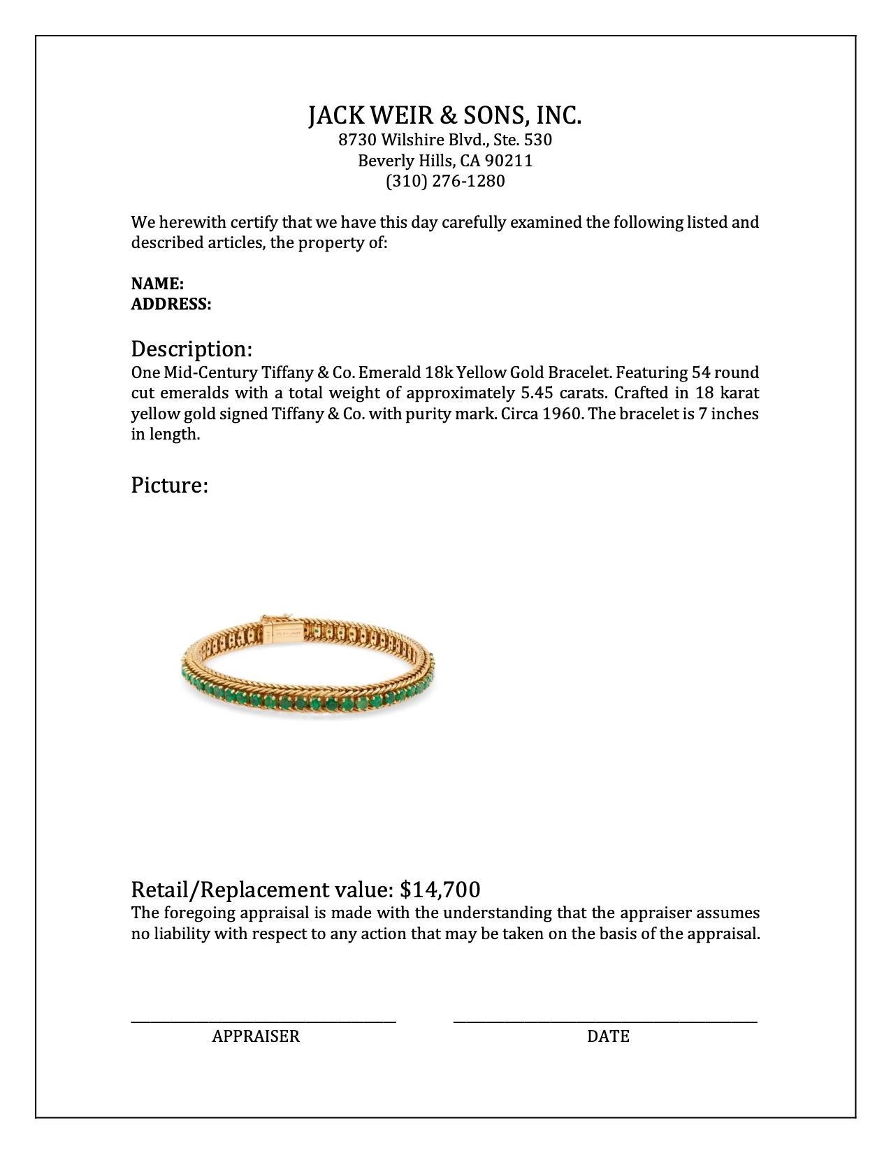 Mitte des Jahrhunderts Tiffany & Co. Smaragd-Armband aus 18k Gelbgold für Damen oder Herren im Angebot