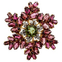Mid Century Tiffany & Co. Italy Peridot, Tourmaline, and Diamond 18k Gold Flower