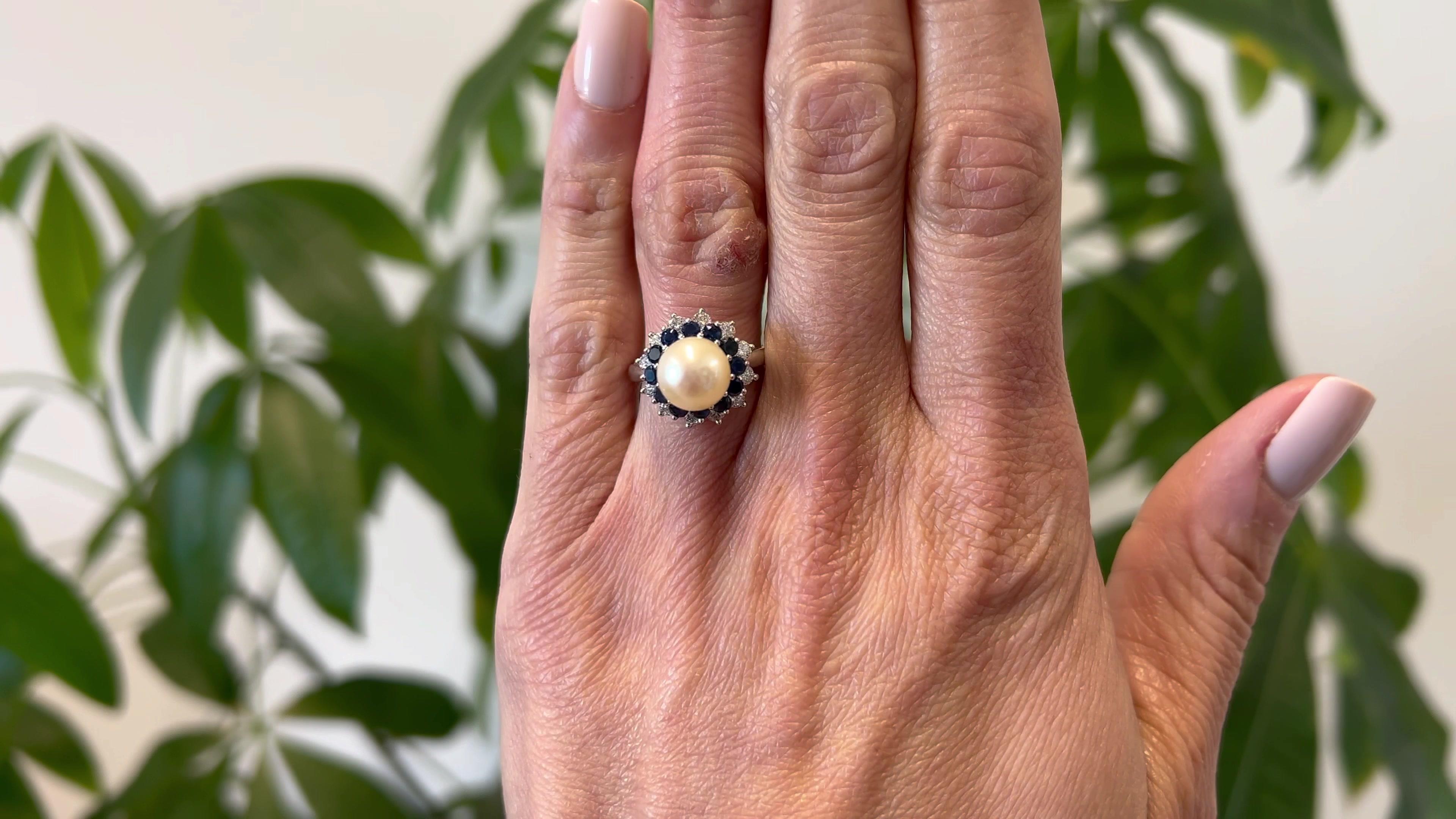 Brilliant Cut Mid Century Tiffany & Co. Pearl, Sapphire, and Diamond Platinum Ring