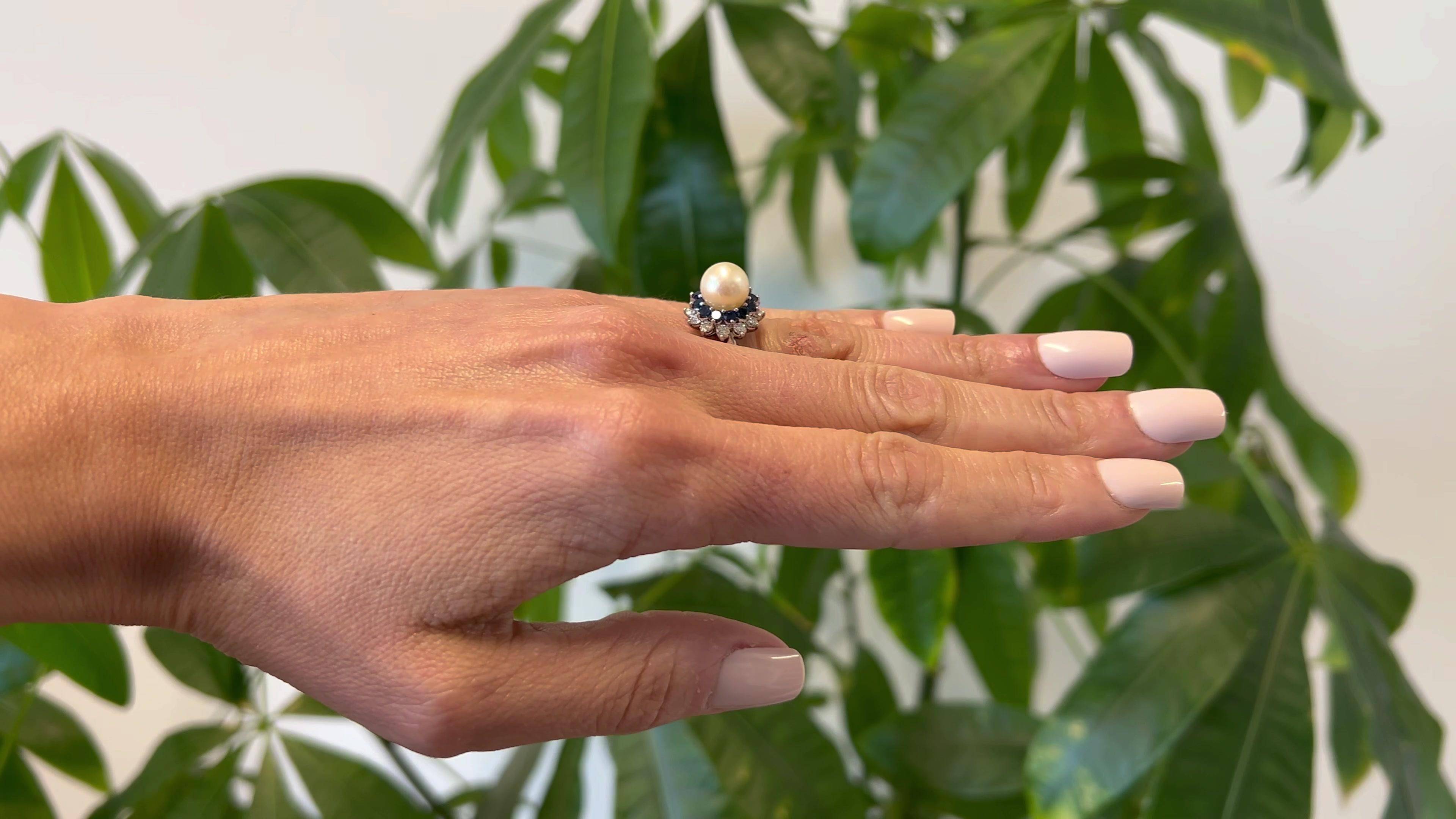 Mid Century Tiffany & Co. Pearl, Sapphire, and Diamond Platinum Ring In Good Condition In Beverly Hills, CA