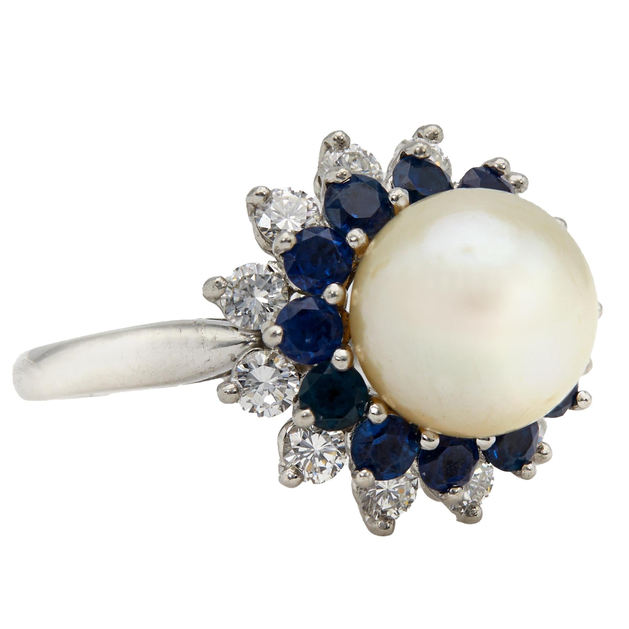 Women's or Men's Mid Century Tiffany & Co. Pearl, Sapphire, and Diamond Platinum Ring